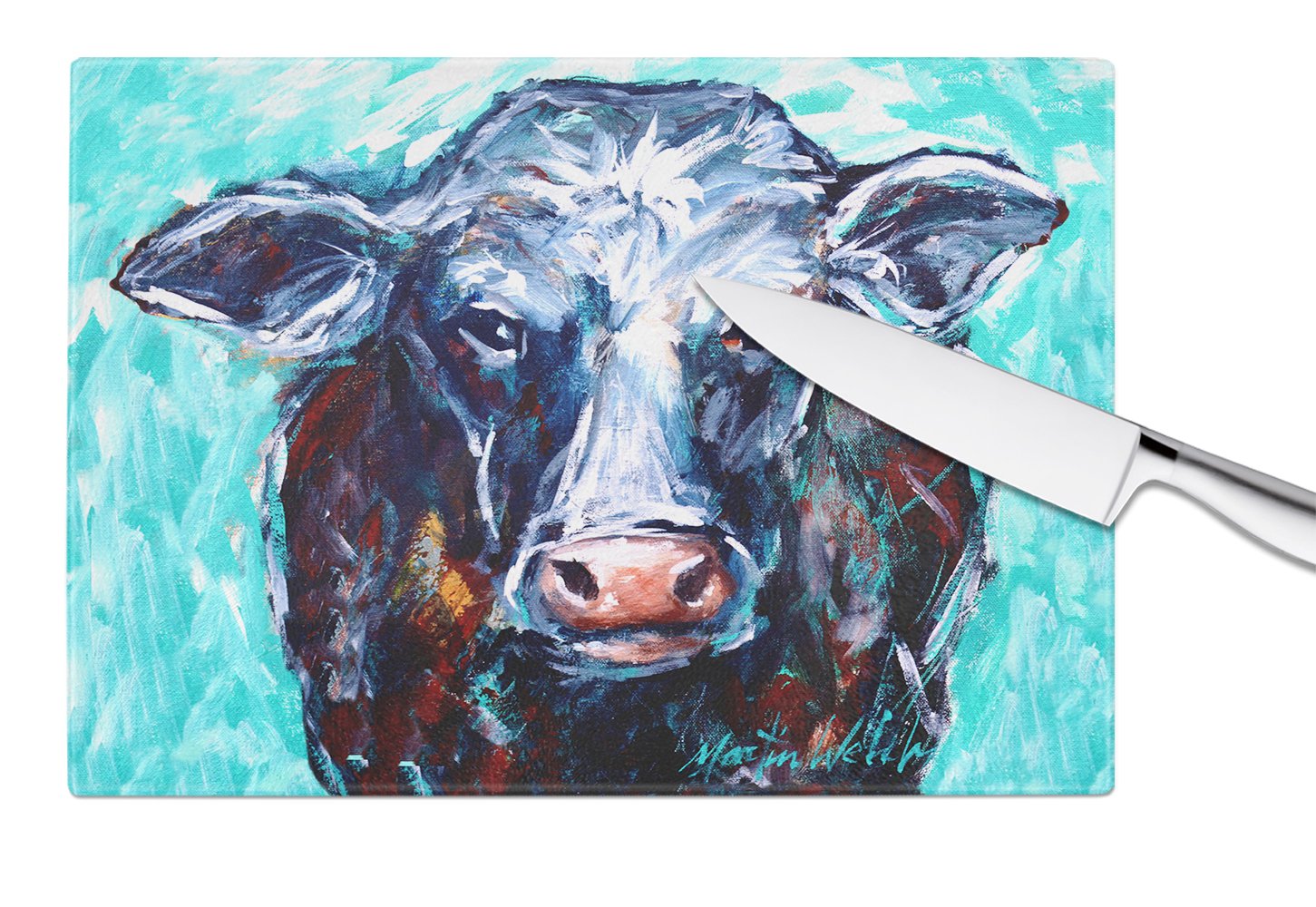 Moo Cow Cutting Board Tempered Glass Kitchen Cutting Surface, Heat Resistant Chopping, Non-Slip Feet, Food Prep & Serving