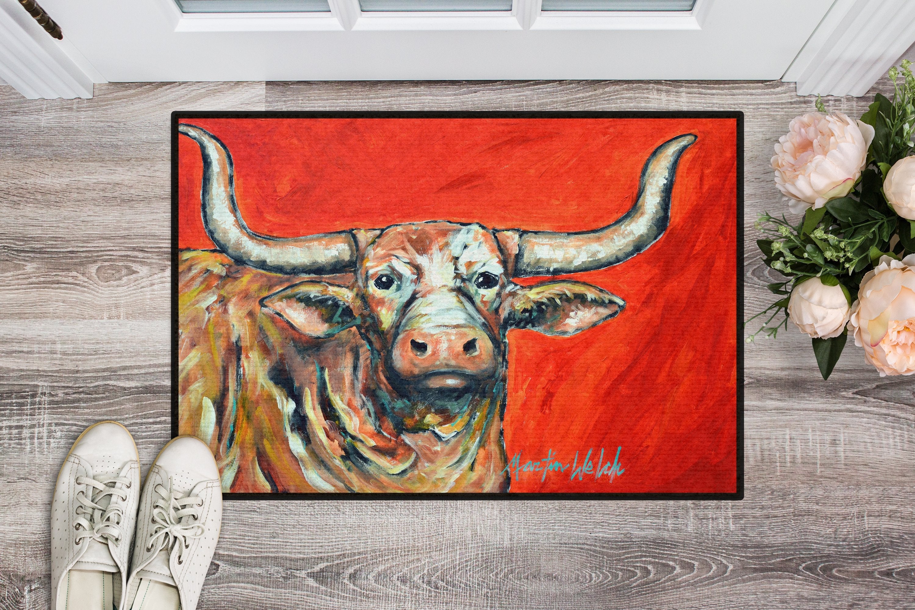 See Red Longhorn Cow Doormat Indoor Outdoor 24H X 36W Front Door Mat Rugs for Entryway, Non Slip Washable Low Pile,