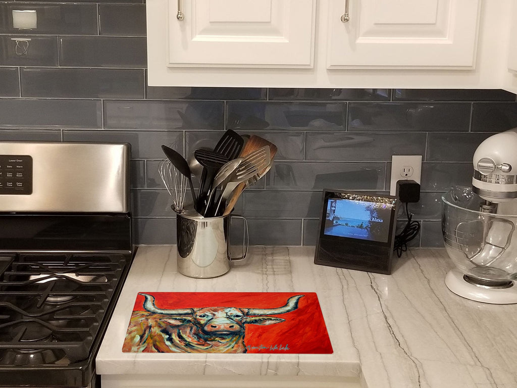 See Red Longhorn Cow Cutting Board Tempered Glass Kitchen Cutting Surface, Heat Resistant Chopping, Non-Slip Feet, Food Prep & Serving