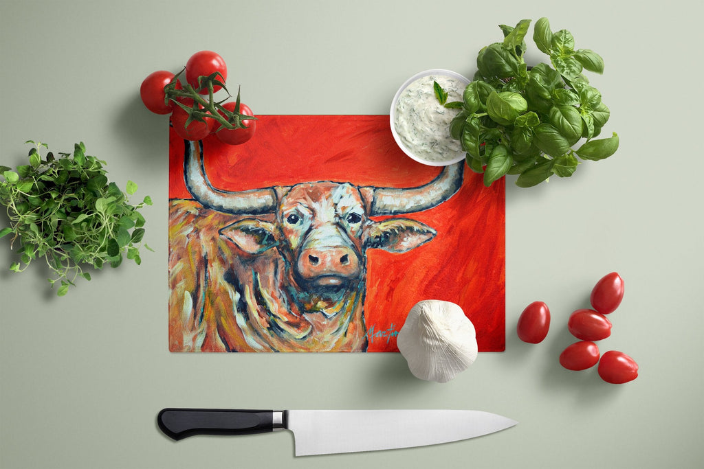 See Red Longhorn Cow Cutting Board Tempered Glass Kitchen Cutting Surface, Heat Resistant Chopping, Non-Slip Feet, Food Prep & Serving