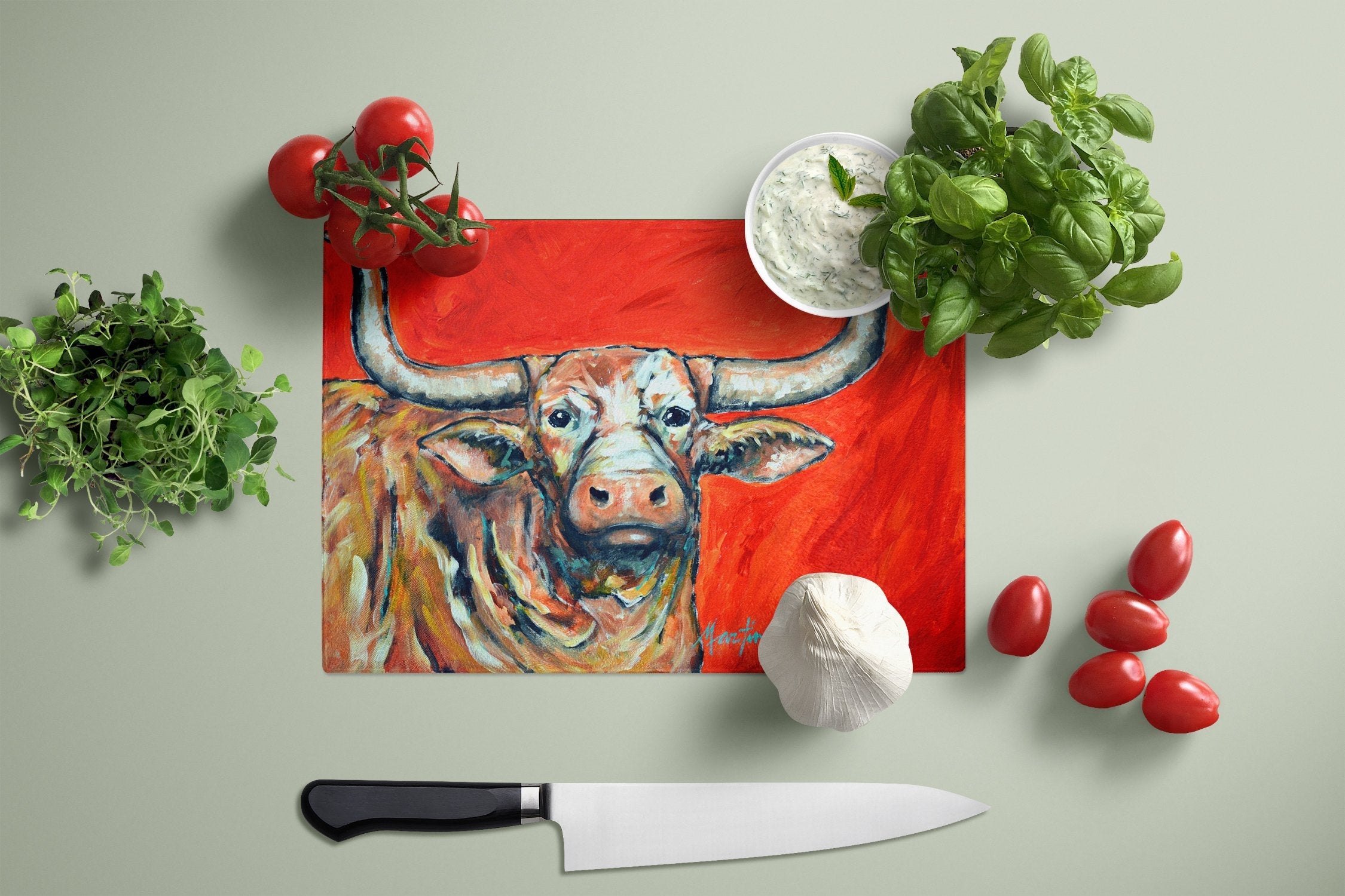 See Red Longhorn Cow Cutting Board Tempered Glass Kitchen Cutting Surface, Heat Resistant Chopping, Non-Slip Feet, Food Prep & Serving