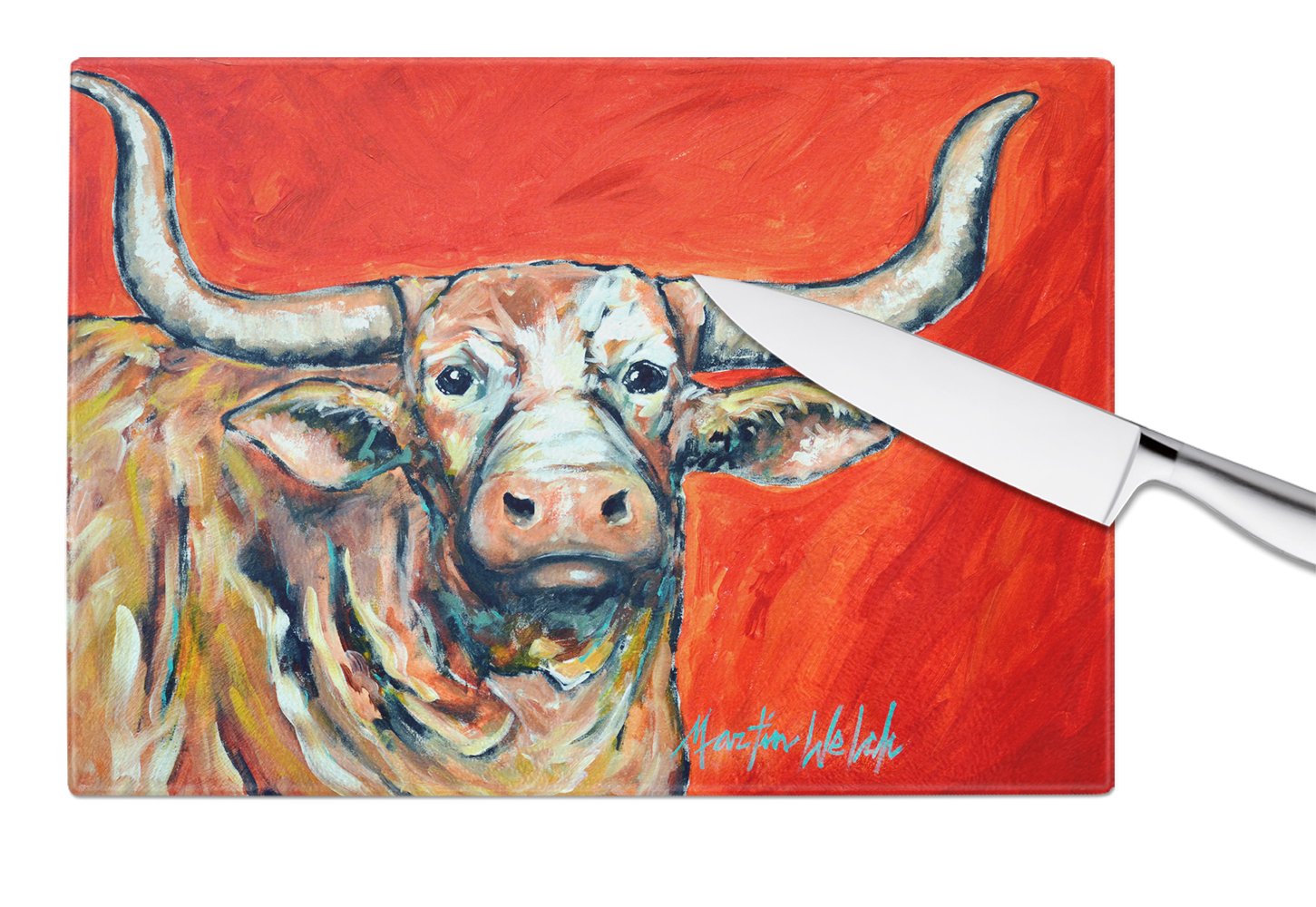 See Red Longhorn Cow Cutting Board Tempered Glass Kitchen Cutting Surface, Heat Resistant Chopping, Non-Slip Feet, Food Prep & Serving