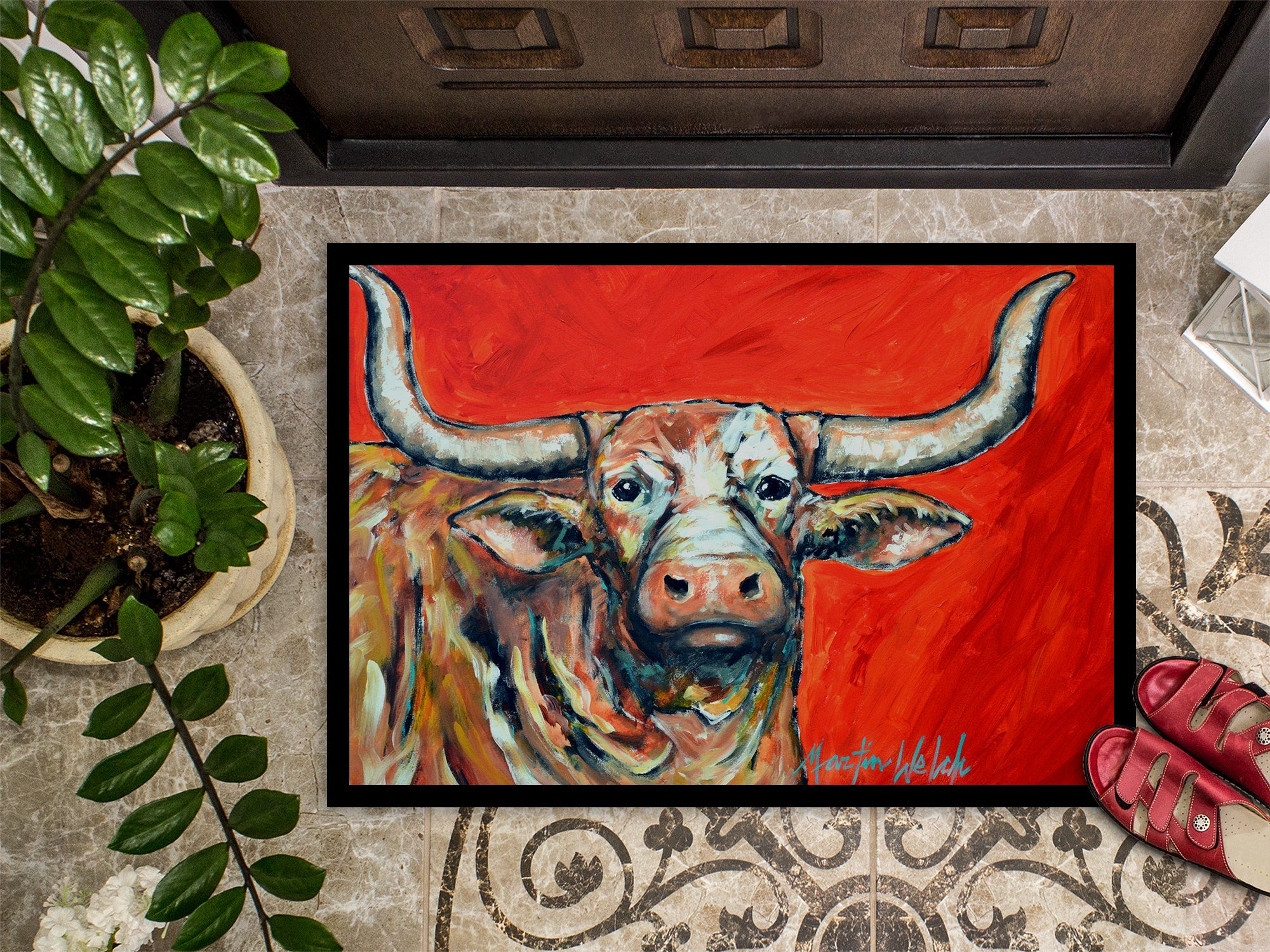 See Red Longhorn Cow Doormat Indoor Outdoor 18H X 27W Front Door Mat Rugs for Entryway, Non Slip Washable