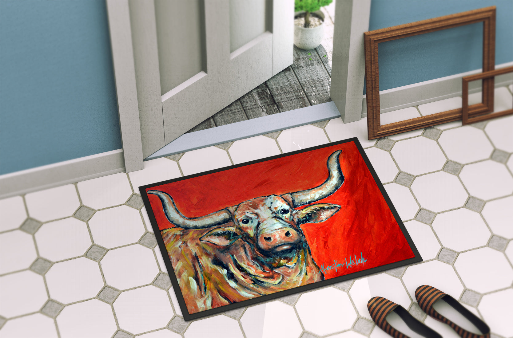 See Red Longhorn Cow Doormat Indoor Outdoor 18H X 27W Front Door Mat Rugs for Entryway, Non Slip Washable