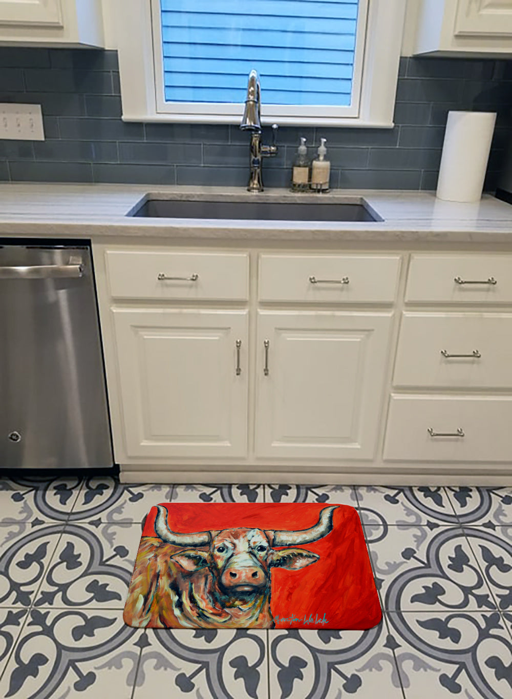 See Red Longhorn Cow Memory Foam Kitchen Mat Machine Washable Anti-Fatigue Cushion Comfort Bath or Kitchen Rug