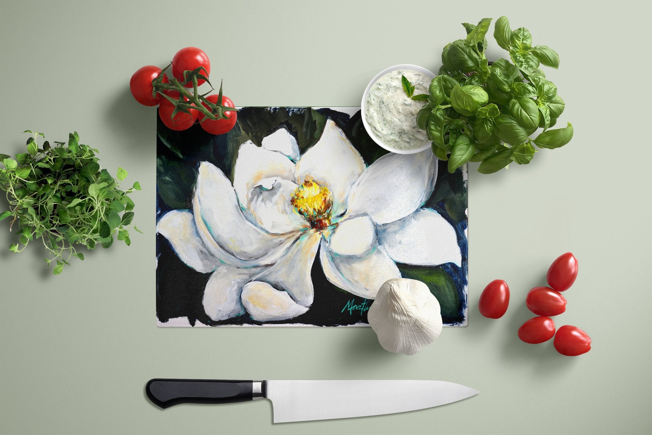 Sweet Magnolia Cutting Board Tempered Glass Kitchen Cutting Surface, Heat Resistant Chopping, Non-Slip Feet, Food Prep & Serving