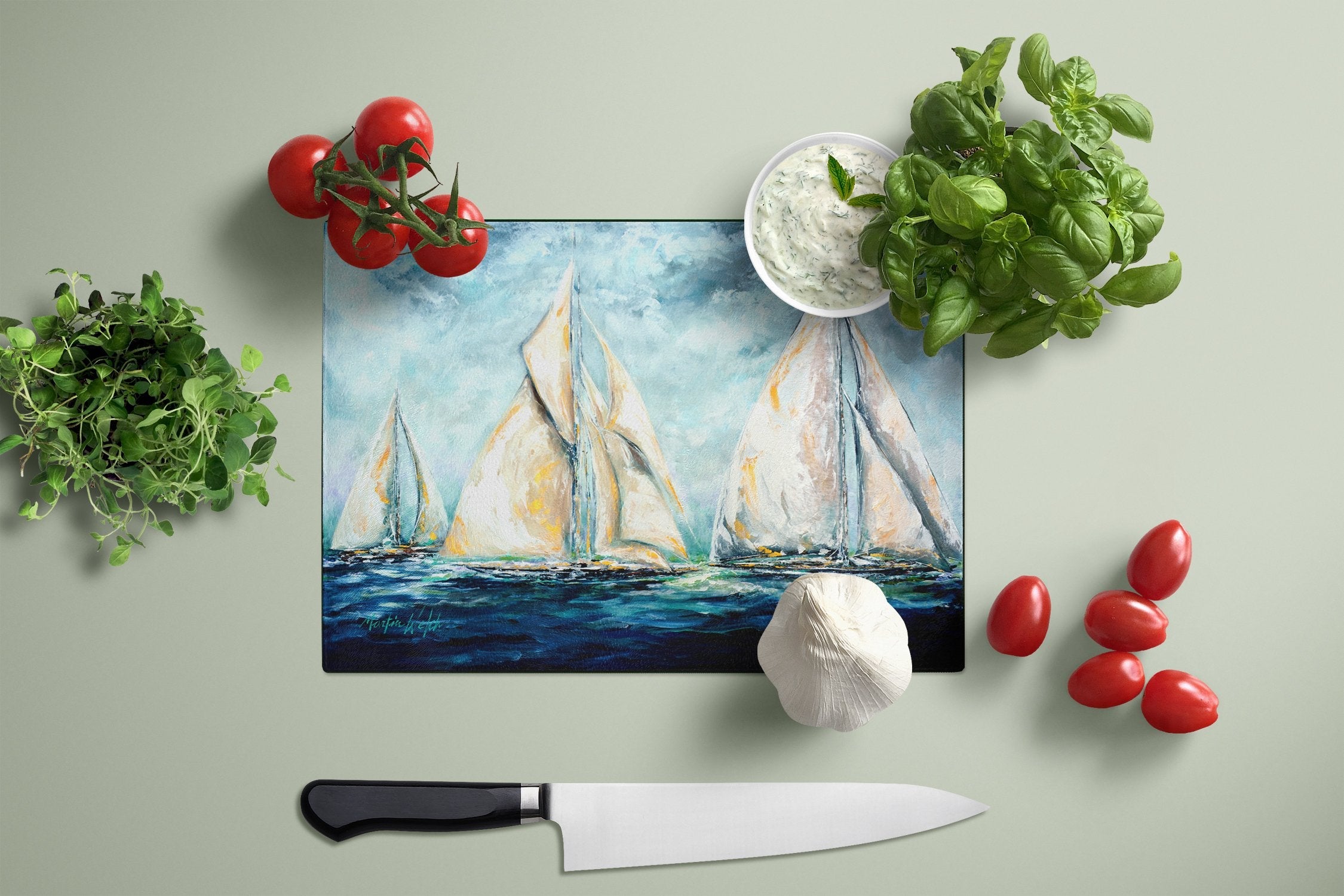 The Last Mile Sail boats Cutting Board Tempered Glass Kitchen Cutting Surface, Heat Resistant Chopping, Non-Slip Feet, Food Prep & Serving