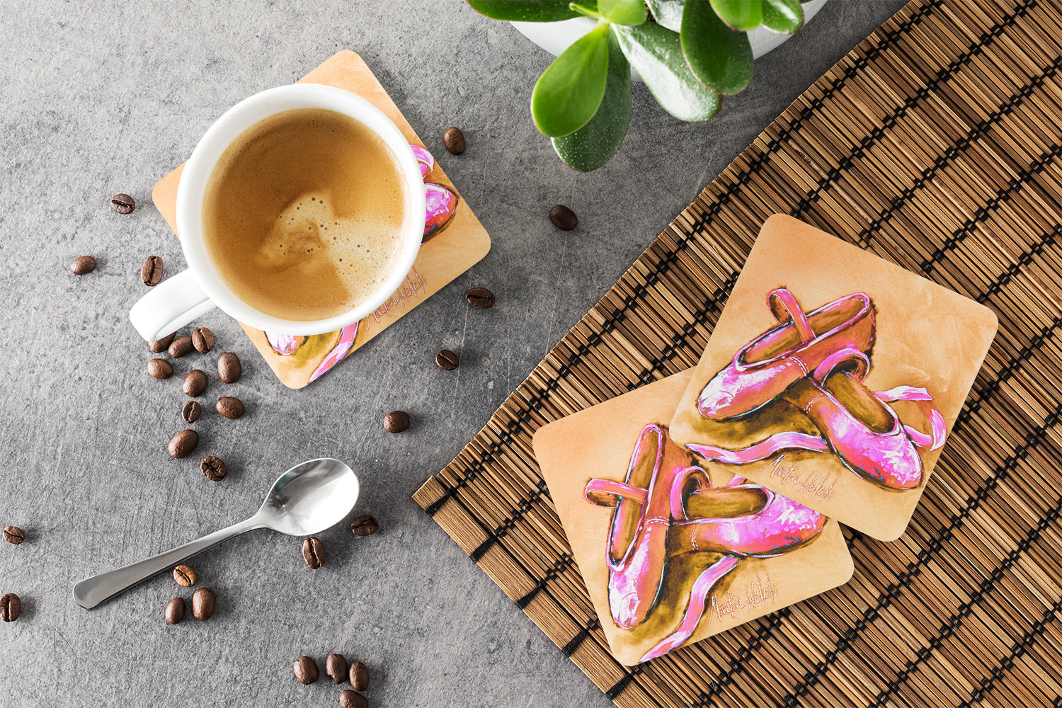Ballet Shoes Brown and Pink Foam Coasters Set of 4 Cup Coasters for Indoor Outdoor, Tabletop Protection, Anti Slip, Mouse pad Material