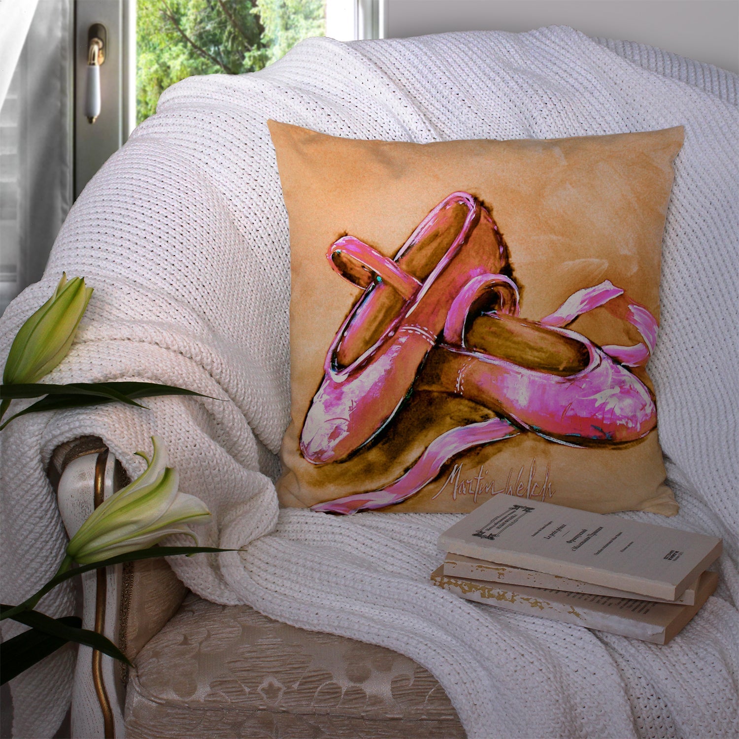 Ballet Shoes Brown and Pink Decorative Throw Pillow 14x14 Indoor Outdoor Accent Cushion, Fabric Cover with Insert for Sofa, Bed, Porch & Living Room