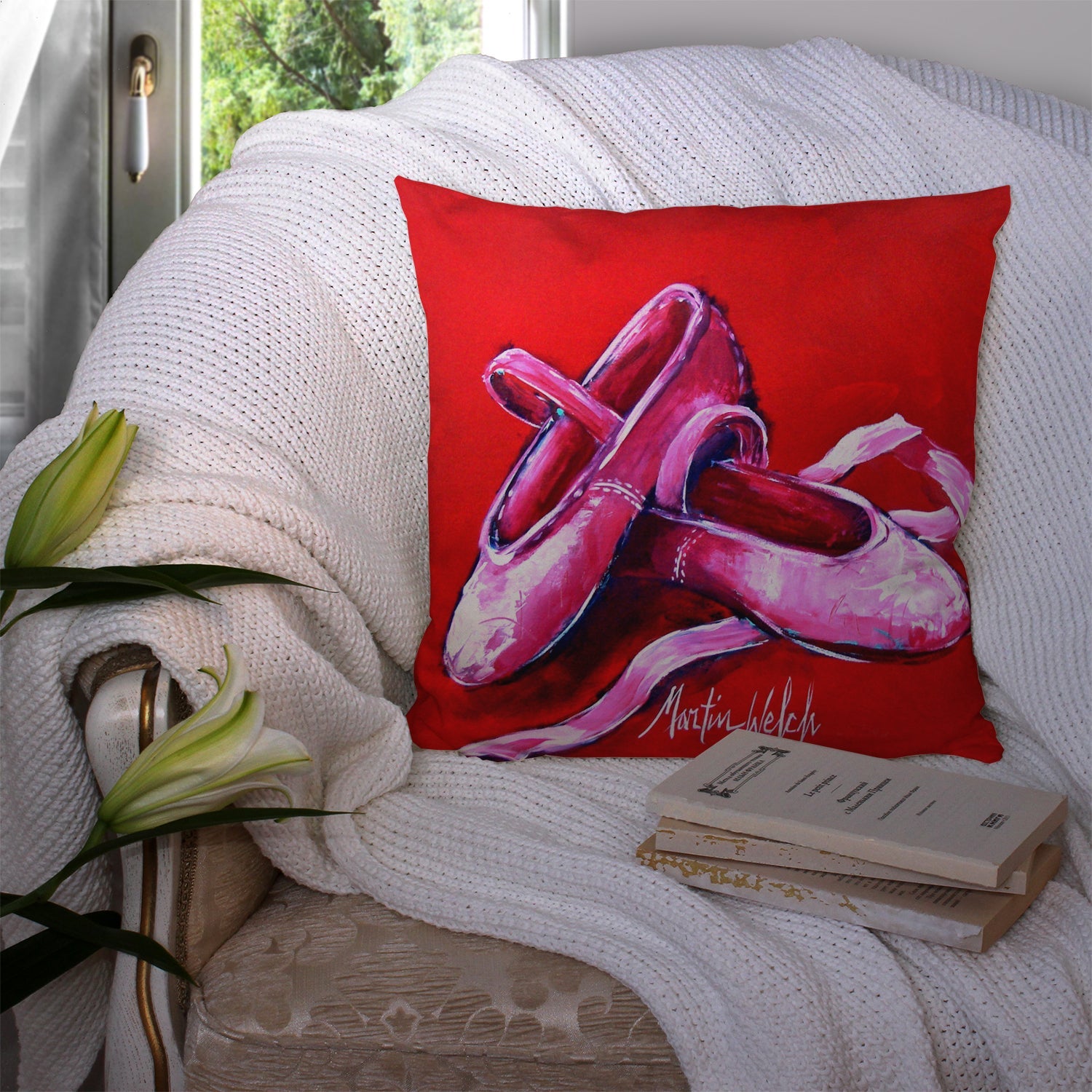 Ballet Shoes Red Decorative Throw Pillow 14x14 Indoor Outdoor Accent Cushion, Fabric Cover with Insert for Sofa, Bed, Porch & Living Room