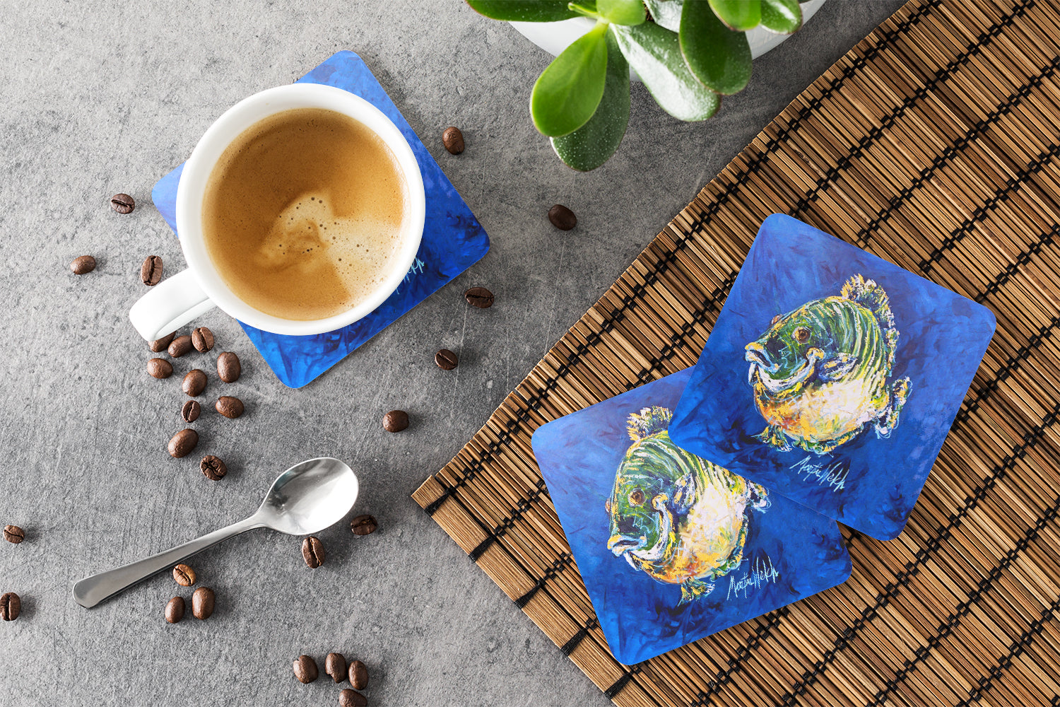 Blue Gill Foam Coasters Set of 4 Cup Coasters for Indoor Outdoor, Tabletop Protection, Anti Slip, Mouse pad Material