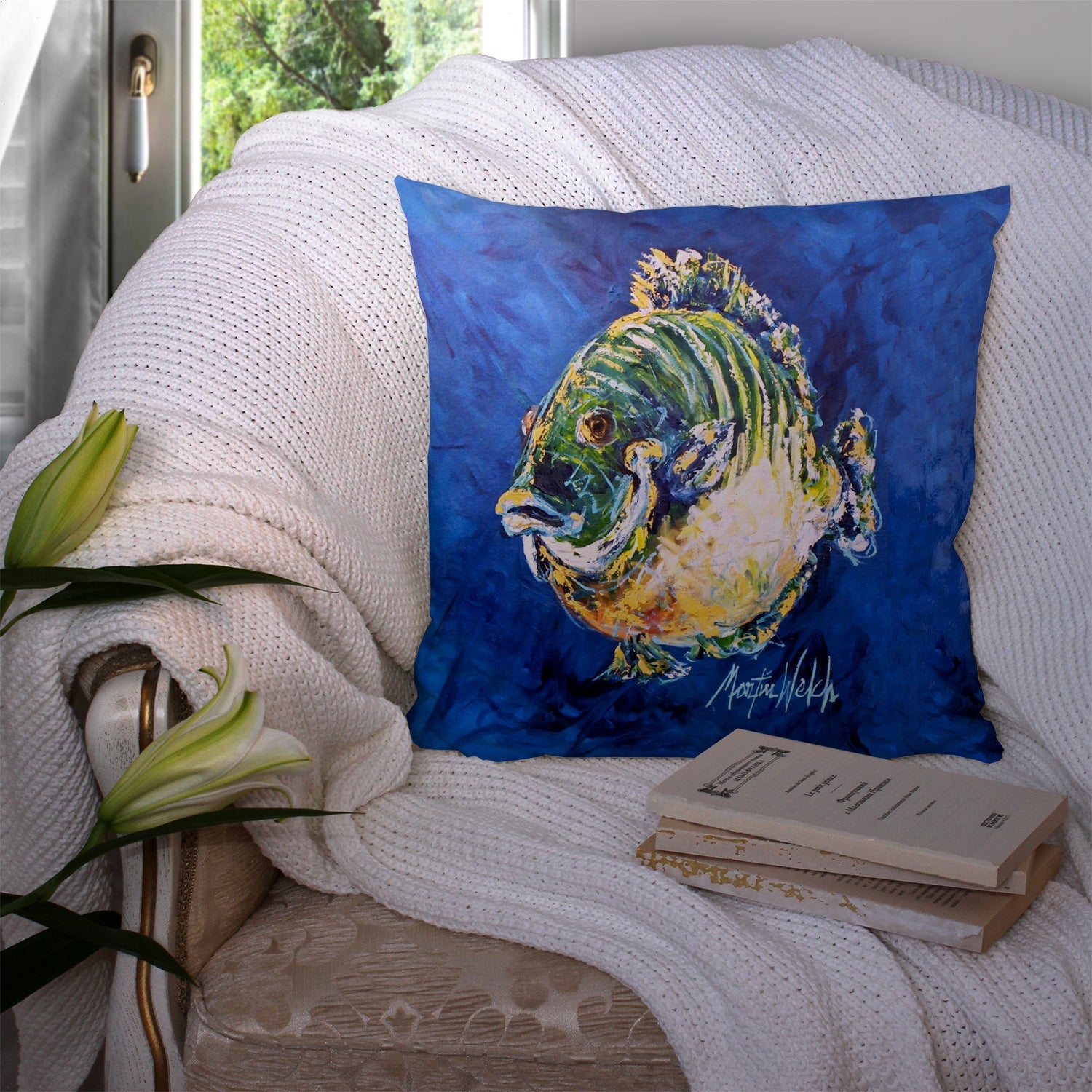 Blue Gill Decorative Throw Pillow 14x14 Indoor Outdoor Accent Cushion, Fabric Cover with Insert for Sofa, Bed, Porch & Living Room