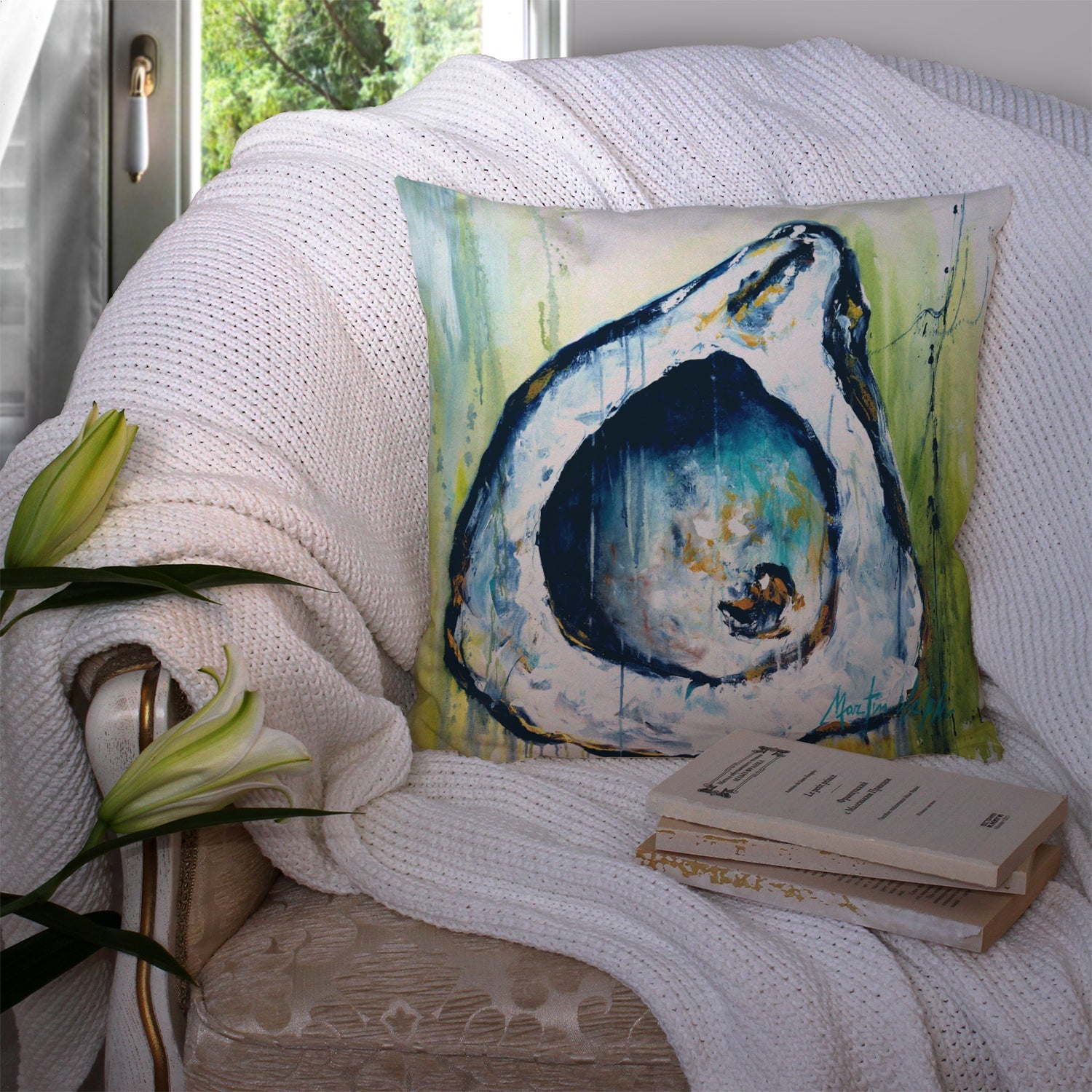Blue Rock Oyster Decorative Throw Pillow 14x14 Indoor Outdoor Accent Cushion, Fabric Cover with Insert for Sofa, Bed, Porch & Living Room