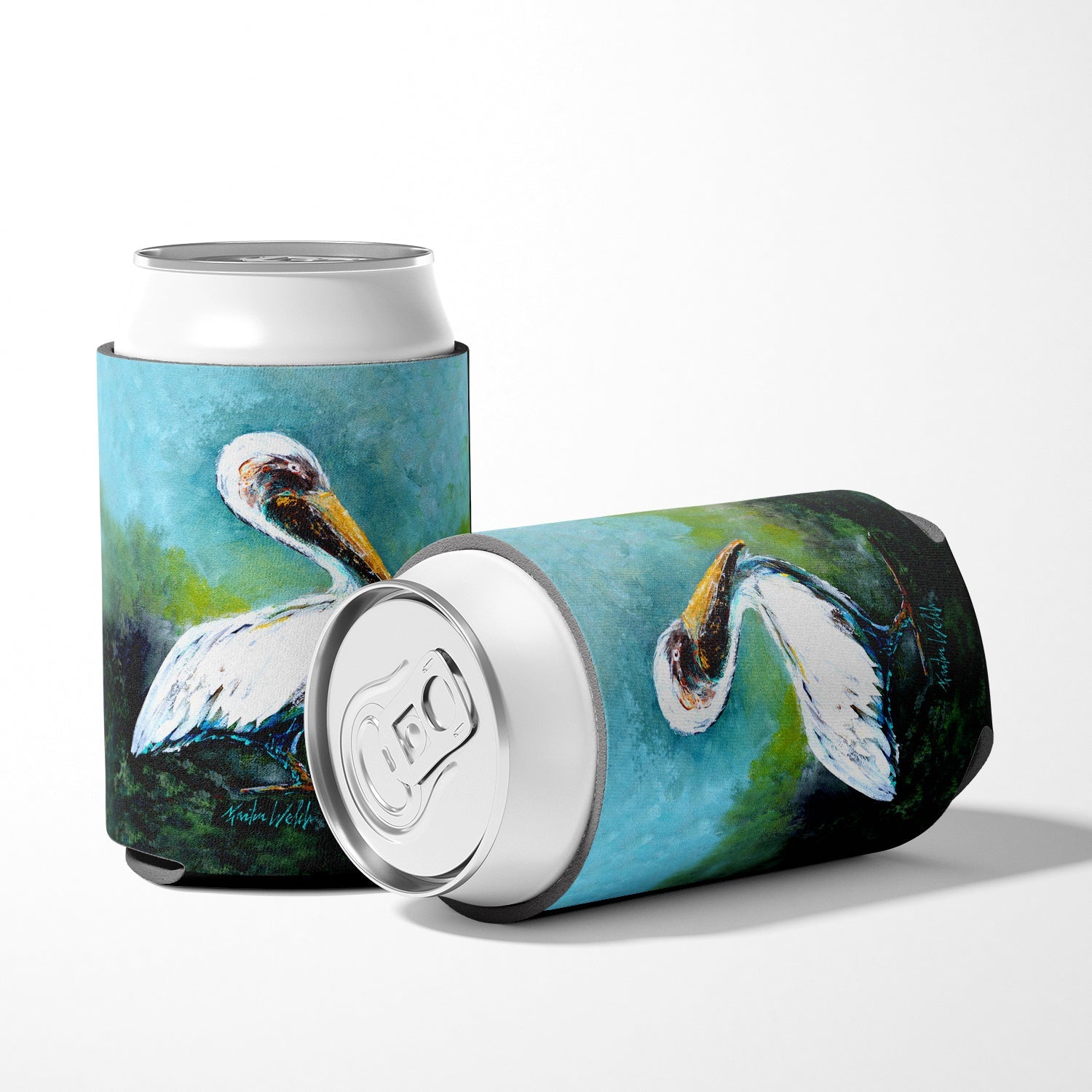 Blue Stand White Pelican Can or Bottle Hugger Cooler Sleeve for Standard 12 oz Cans, Insulated Foam Beer & Soda Can Hugger Reusable