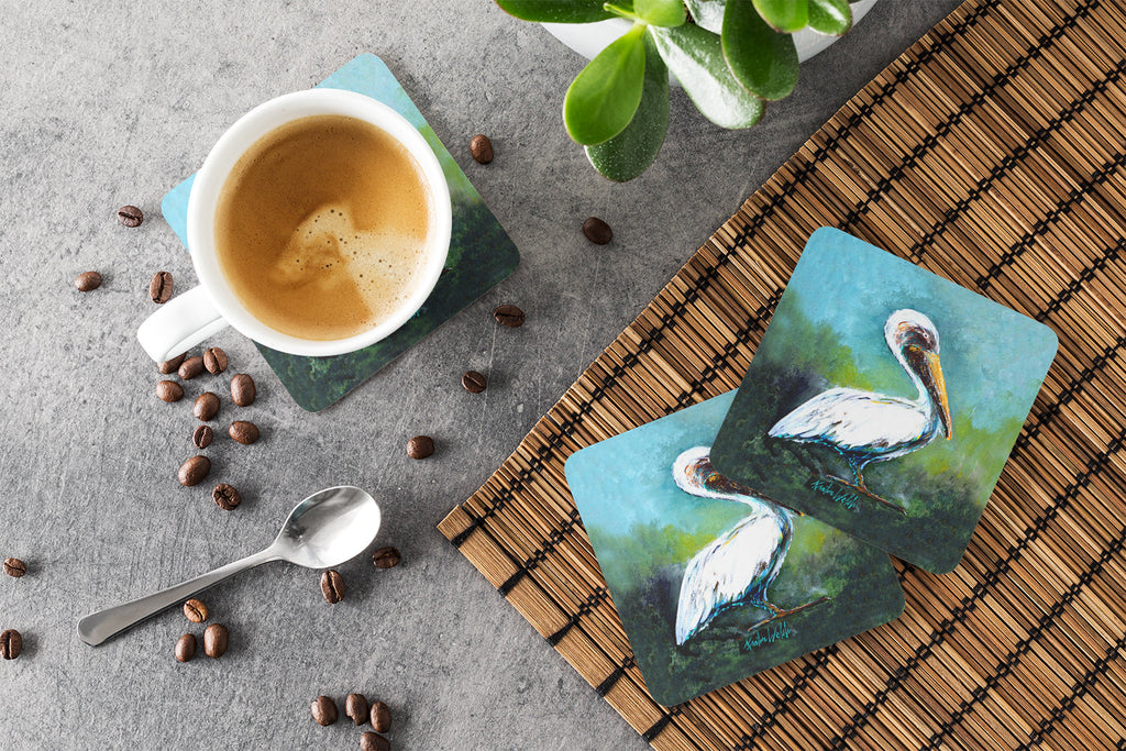 Blue Stand White Pelican Foam Coasters Set of 4 Cup Coasters for Indoor Outdoor, Tabletop Protection, Anti Slip, Mouse pad Material