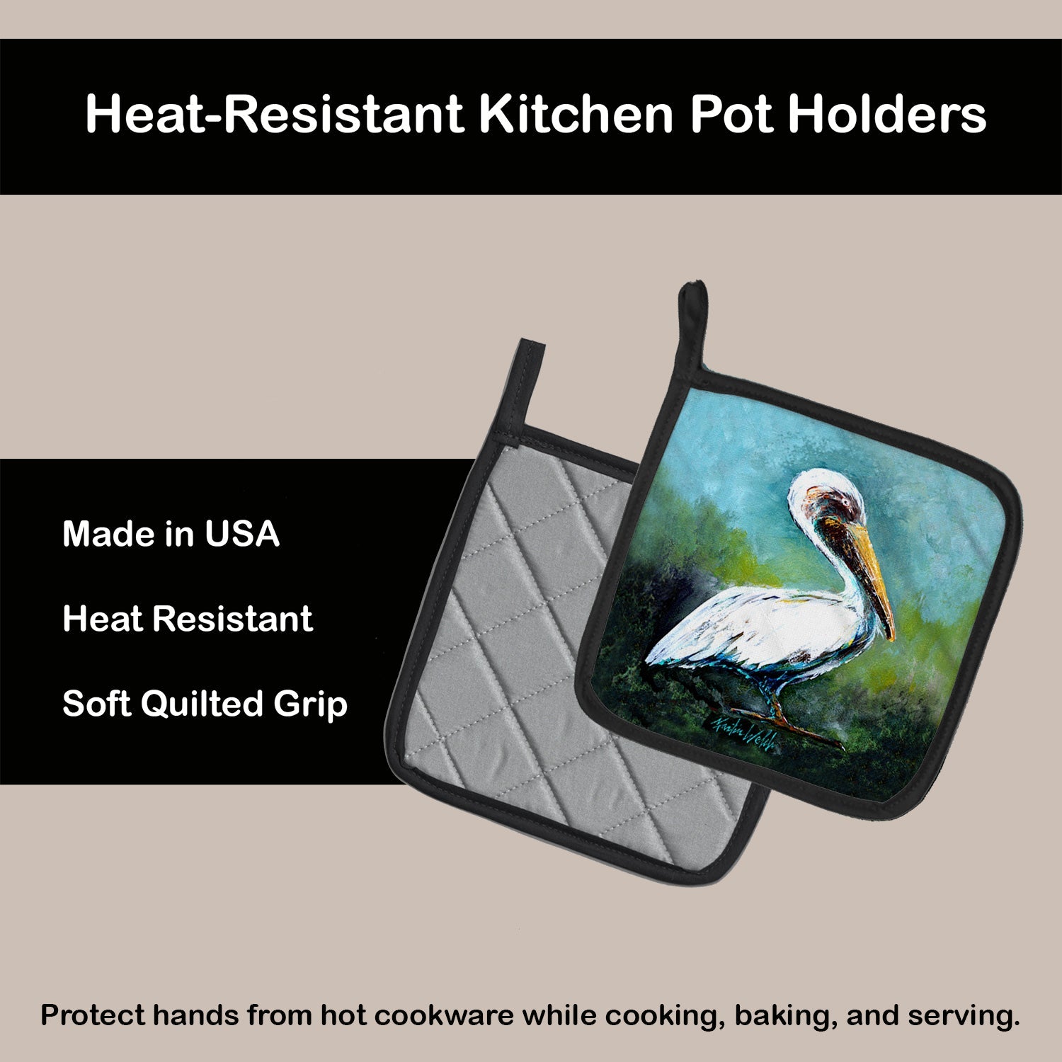 Blue Stand White Pelican Pot Holder Set of 2 Heat Resistant Quilted Hot Pads 7.5 x 7.5 Inch, Insulated Kitchen Trivets for Cooking & Baking