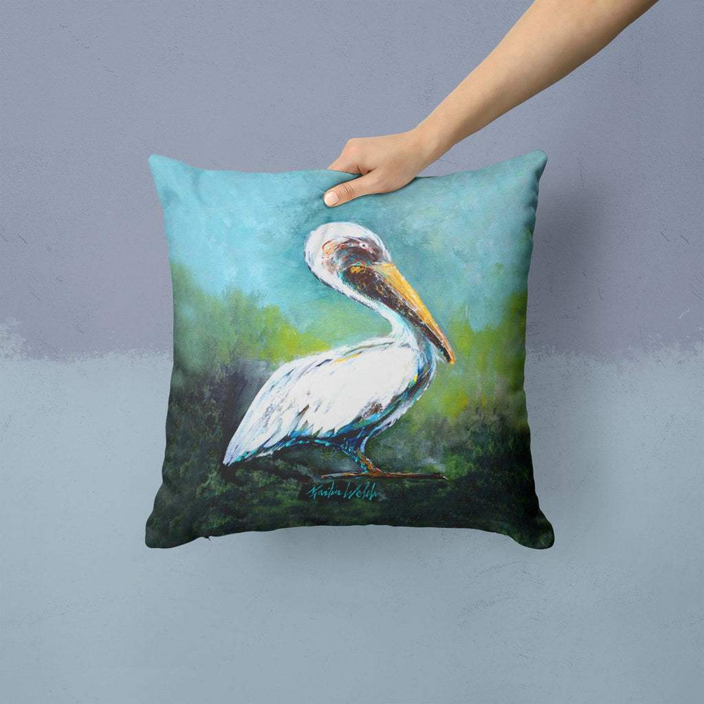 Blue Stand White Pelican Decorative Throw Pillow 14x14 Indoor Outdoor Accent Cushion, Fabric Cover with Insert for Sofa, Bed, Porch & Living Room