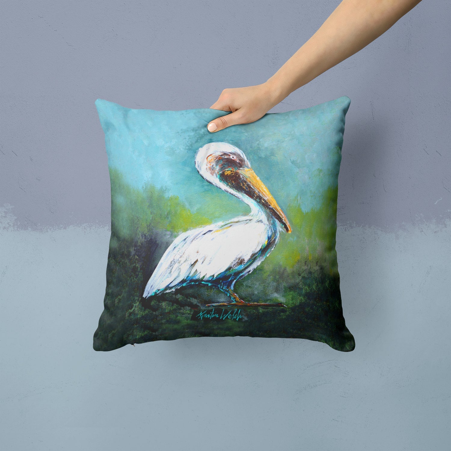 Blue Stand White Pelican Decorative Throw Pillow 14x14 Indoor Outdoor Accent Cushion, Fabric Cover with Insert for Sofa, Bed, Porch & Living Room
