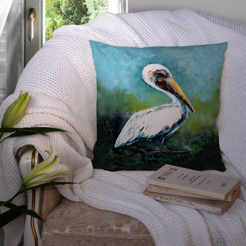 Blue Stand White Pelican Decorative Throw Pillow 14x14 Indoor Outdoor Accent Cushion, Fabric Cover with Insert for Sofa, Bed, Porch & Living Room