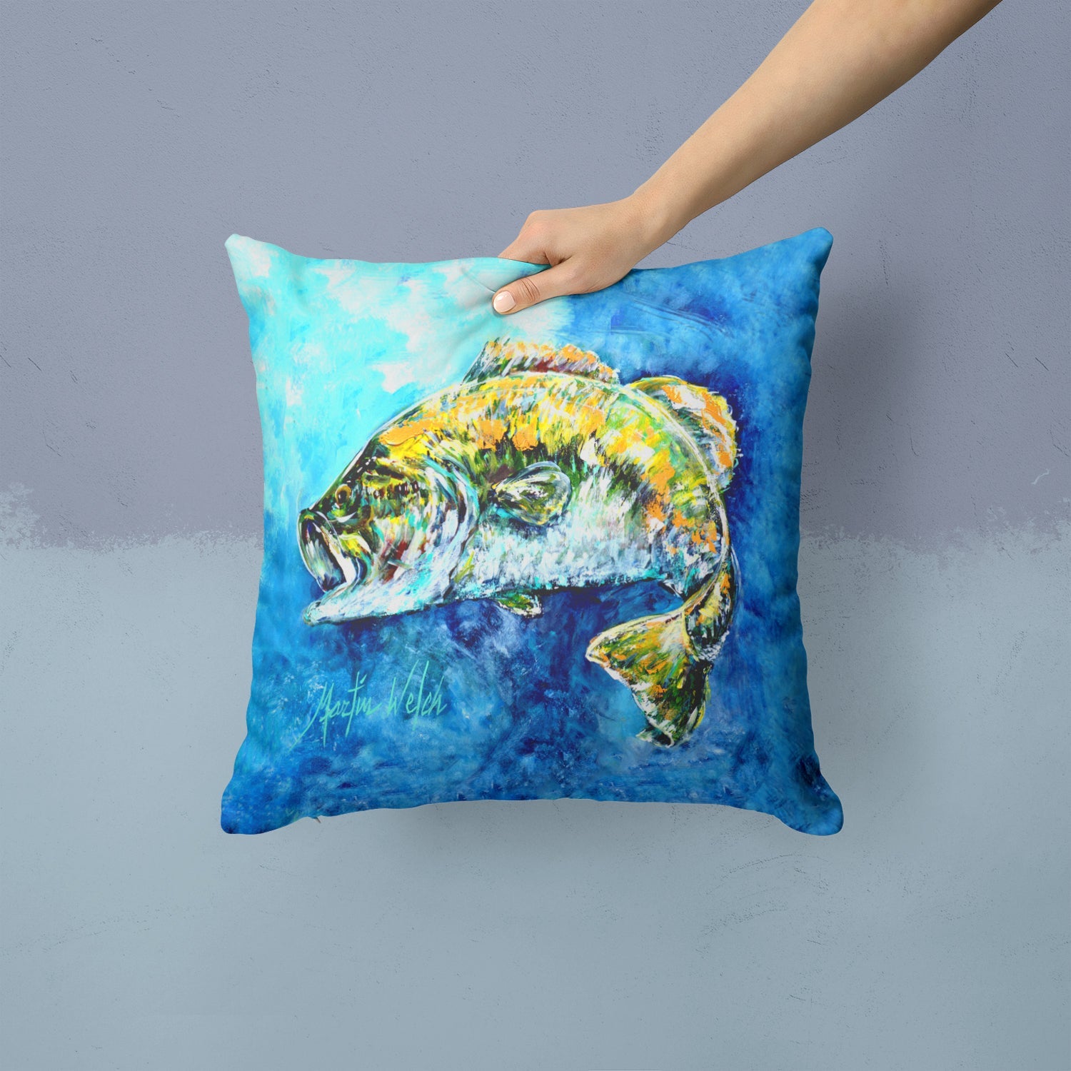 Bobby Bass Decorative Throw Pillow 14x14 Indoor Outdoor Accent Cushion, Fabric Cover with Insert for Sofa, Bed, Porch & Living Room