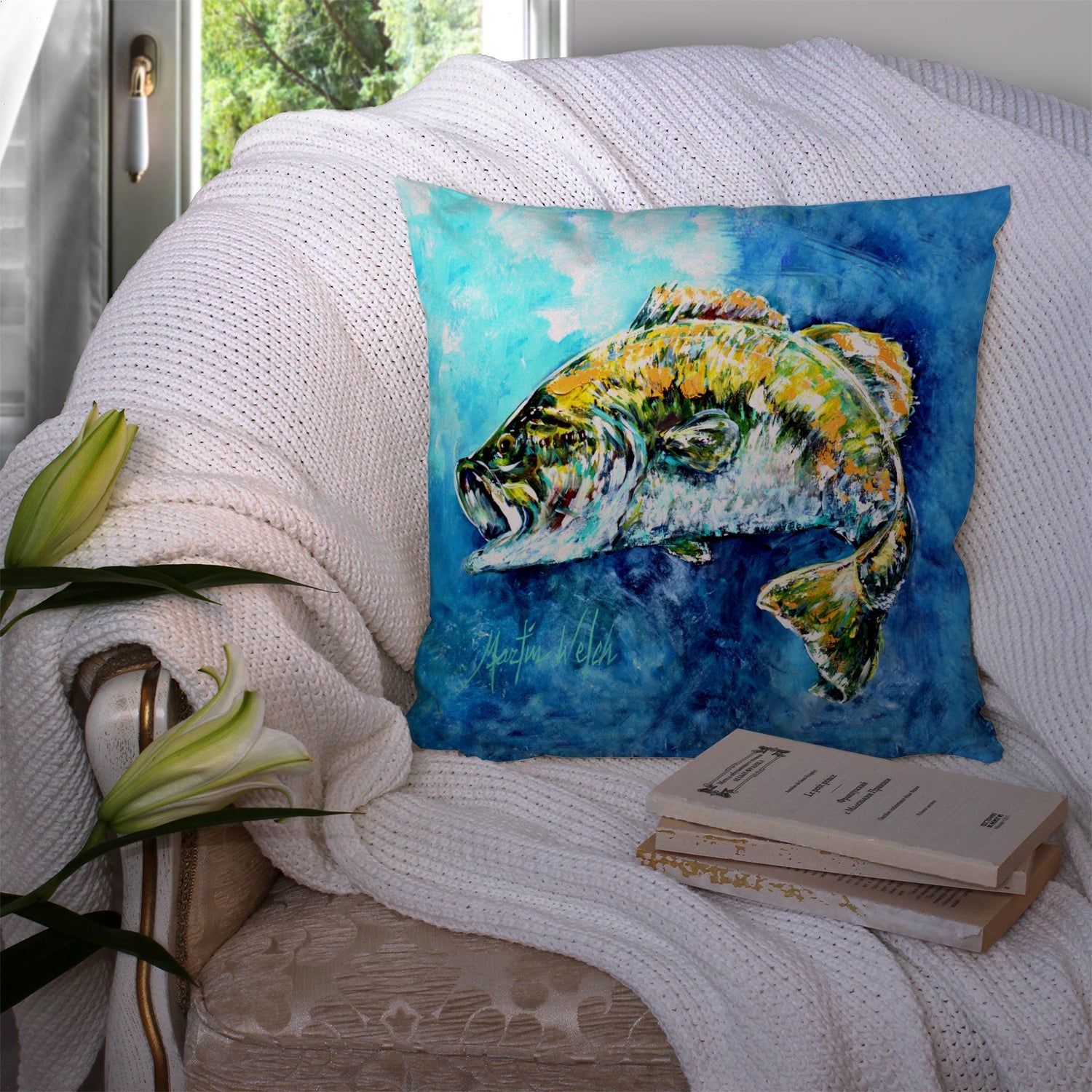 Bobby Bass Decorative Throw Pillow 14x14 Indoor Outdoor Accent Cushion, Fabric Cover with Insert for Sofa, Bed, Porch & Living Room