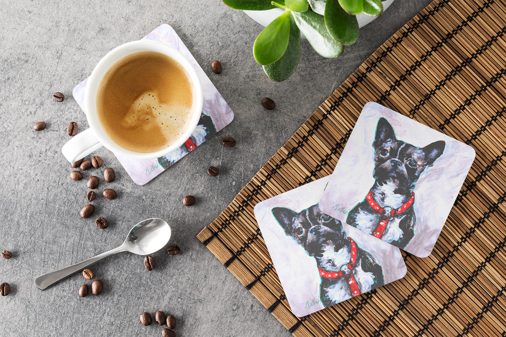 Boston Terrier Brindle Ziggy Foam Coasters Set of 4 Cup Coasters for Indoor Outdoor, Tabletop Protection, Anti Slip, Mouse pad Material