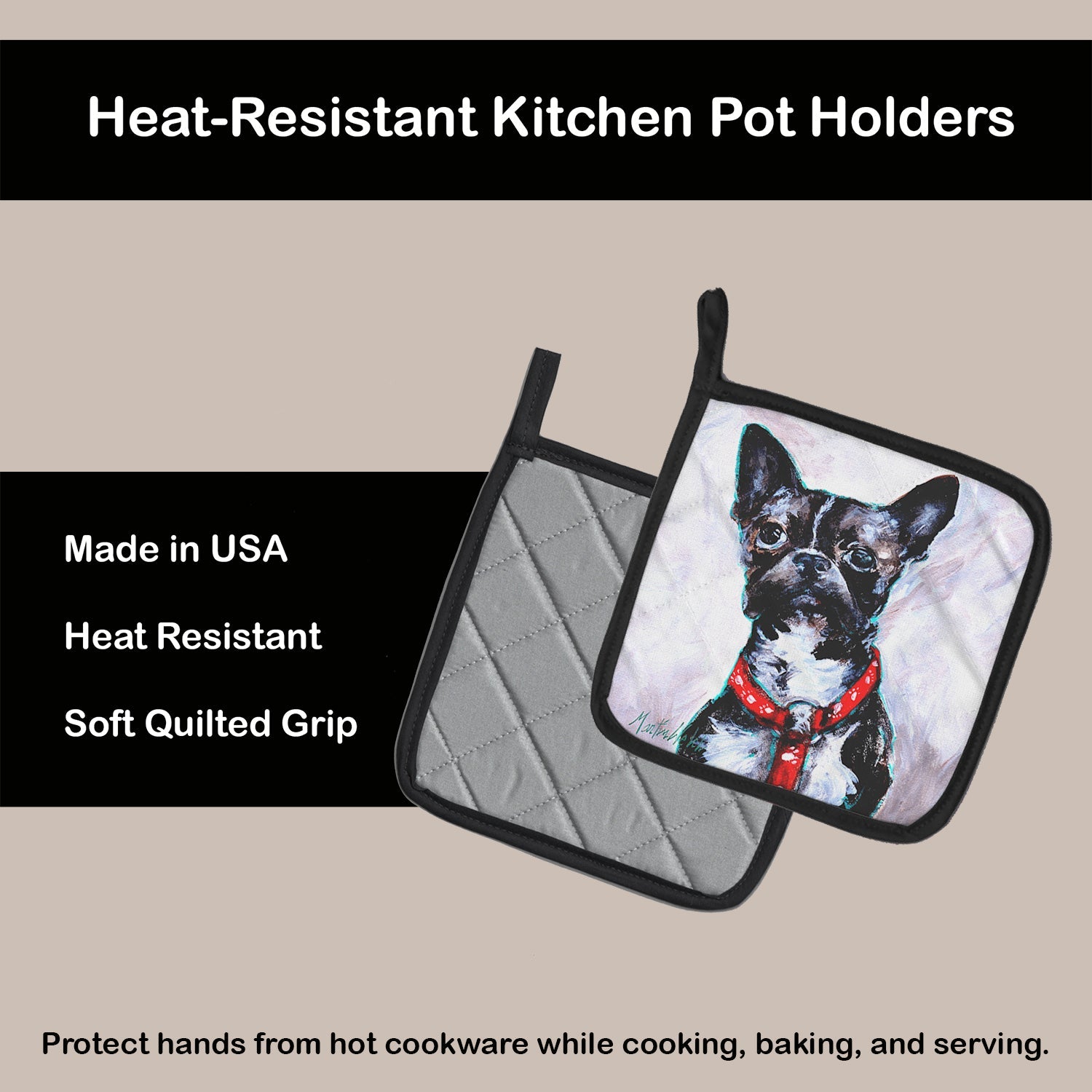 Boston Terrier Brindle Ziggy Pot Holder Set of 2 Heat Resistant Quilted Hot Pads 7.5 x 7.5 Inch, Insulated Kitchen Trivets for Cooking & Baking