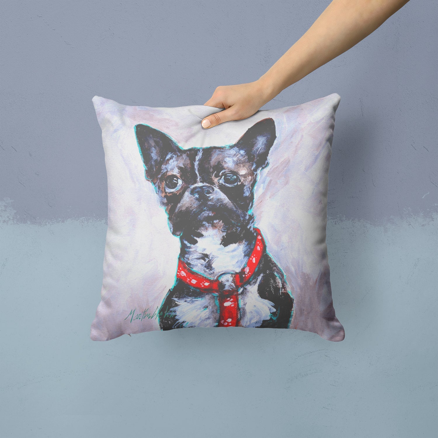Boston Terrier Brindle Ziggy Decorative Throw Pillow 14x14 Indoor Outdoor Accent Cushion, Fabric Cover with Insert for Sofa, Bed, Porch & Living Room