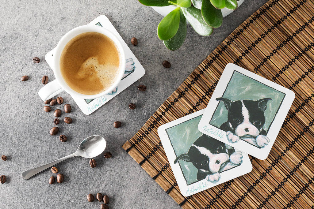 Boston Terrier Don't Leave Me Foam Coasters Set of 4 Cup Coasters for Indoor Outdoor, Tabletop Protection, Anti Slip, Mouse pad Material