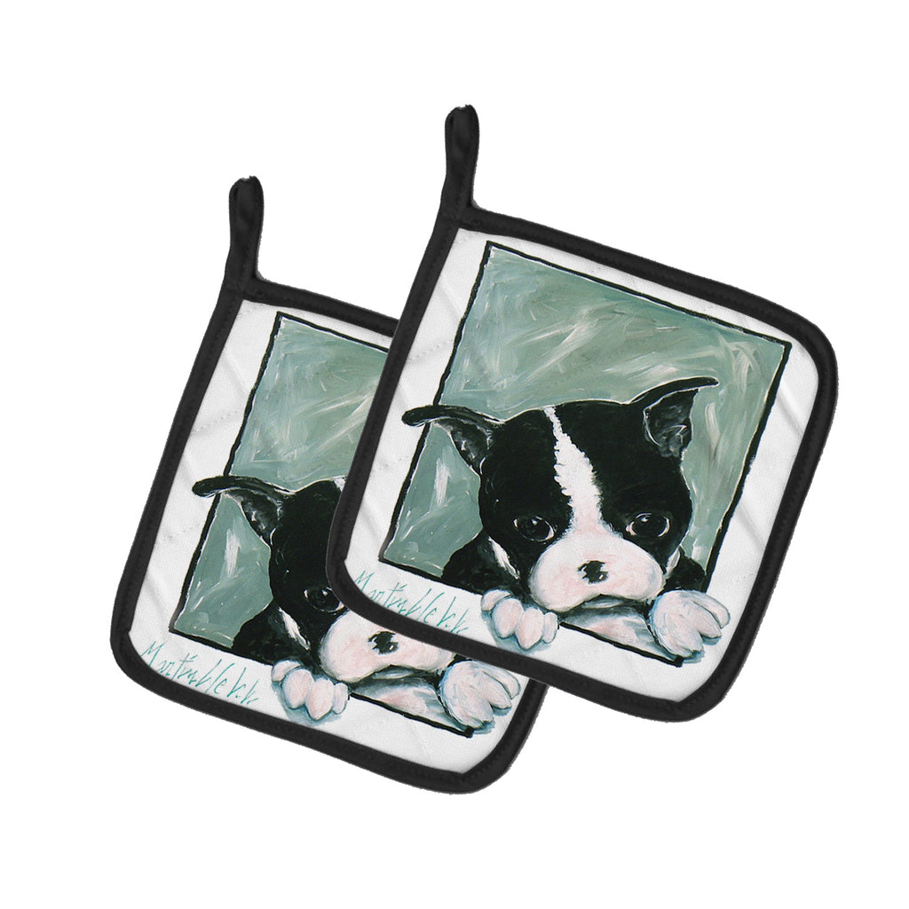 Boston Terrier Don't Leave Me Pot Holder Set of 2 Heat Resistant Quilted Hot Pads 7.5 x 7.5 Inch, Insulated Kitchen Trivets for Cooking & Baking