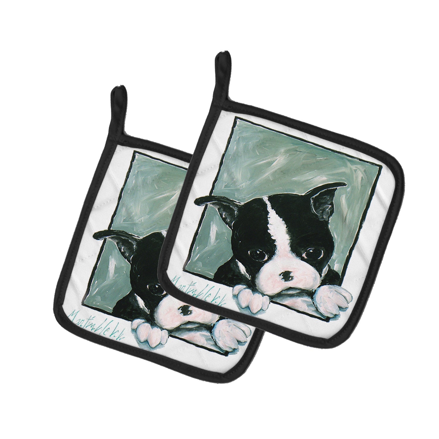 Boston Terrier Don't Leave Me Pot Holder Set of 2 Heat Resistant Quilted Hot Pads 7.5 x 7.5 Inch, Insulated Kitchen Trivets for Cooking & Baking