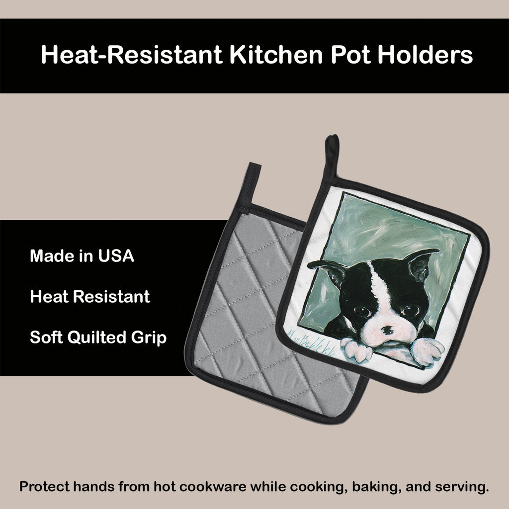 Boston Terrier Don't Leave Me Pot Holder Set of 2 Heat Resistant Quilted Hot Pads 7.5 x 7.5 Inch, Insulated Kitchen Trivets for Cooking & Baking