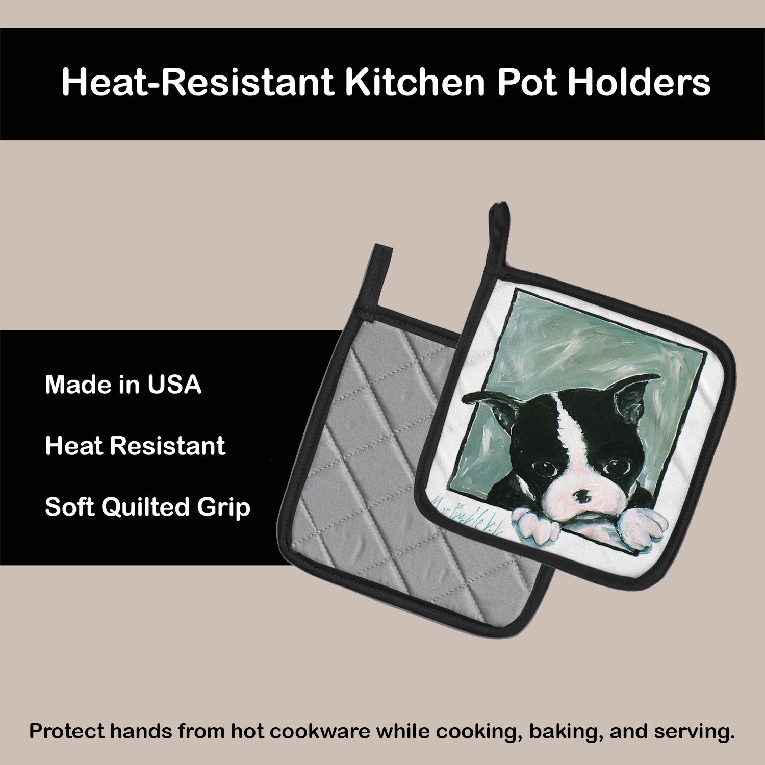 Boston Terrier Don't Leave Me Pot Holder Set of 2 Heat Resistant Quilted Hot Pads 7.5 x 7.5 Inch, Insulated Kitchen Trivets for Cooking & Baking