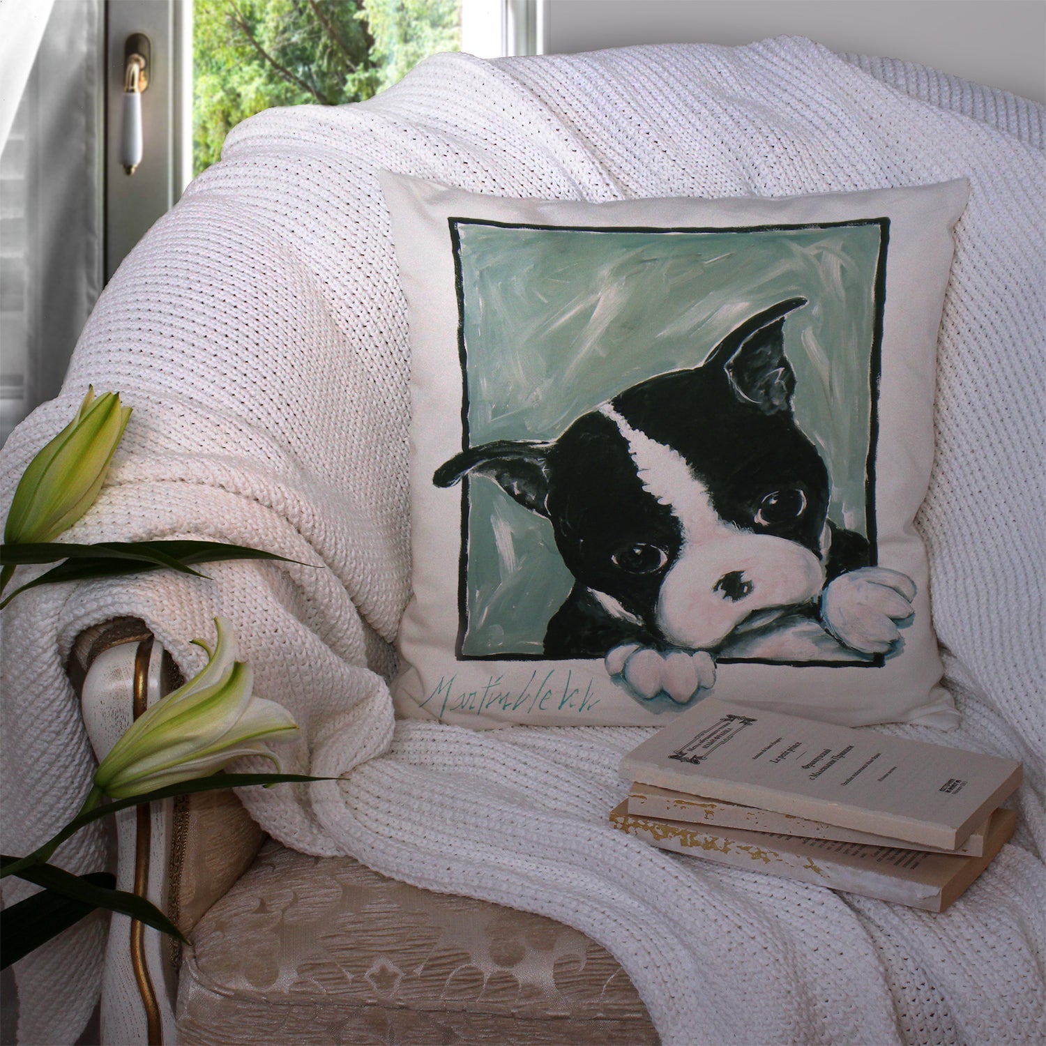 Boston Terrier Don't Leave Me Decorative Throw Pillow 14x14 Indoor Outdoor Accent Cushion, Fabric Cover with Insert for Sofa, Bed, Porch & Living Room