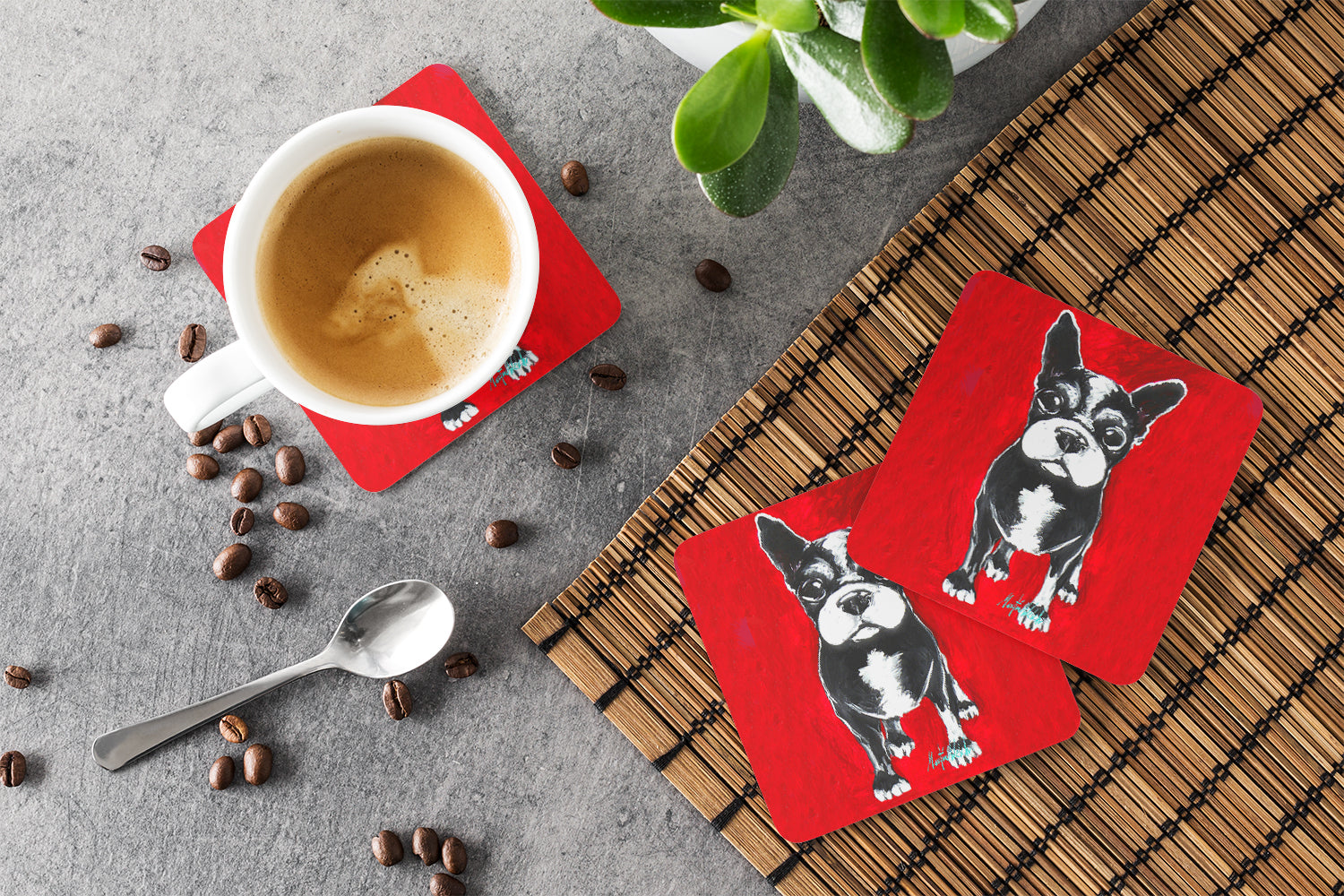 Boston Terrier Runt Foam Coasters Set of 4 Cup Coasters for Indoor Outdoor, Tabletop Protection, Anti Slip, Mouse pad Material
