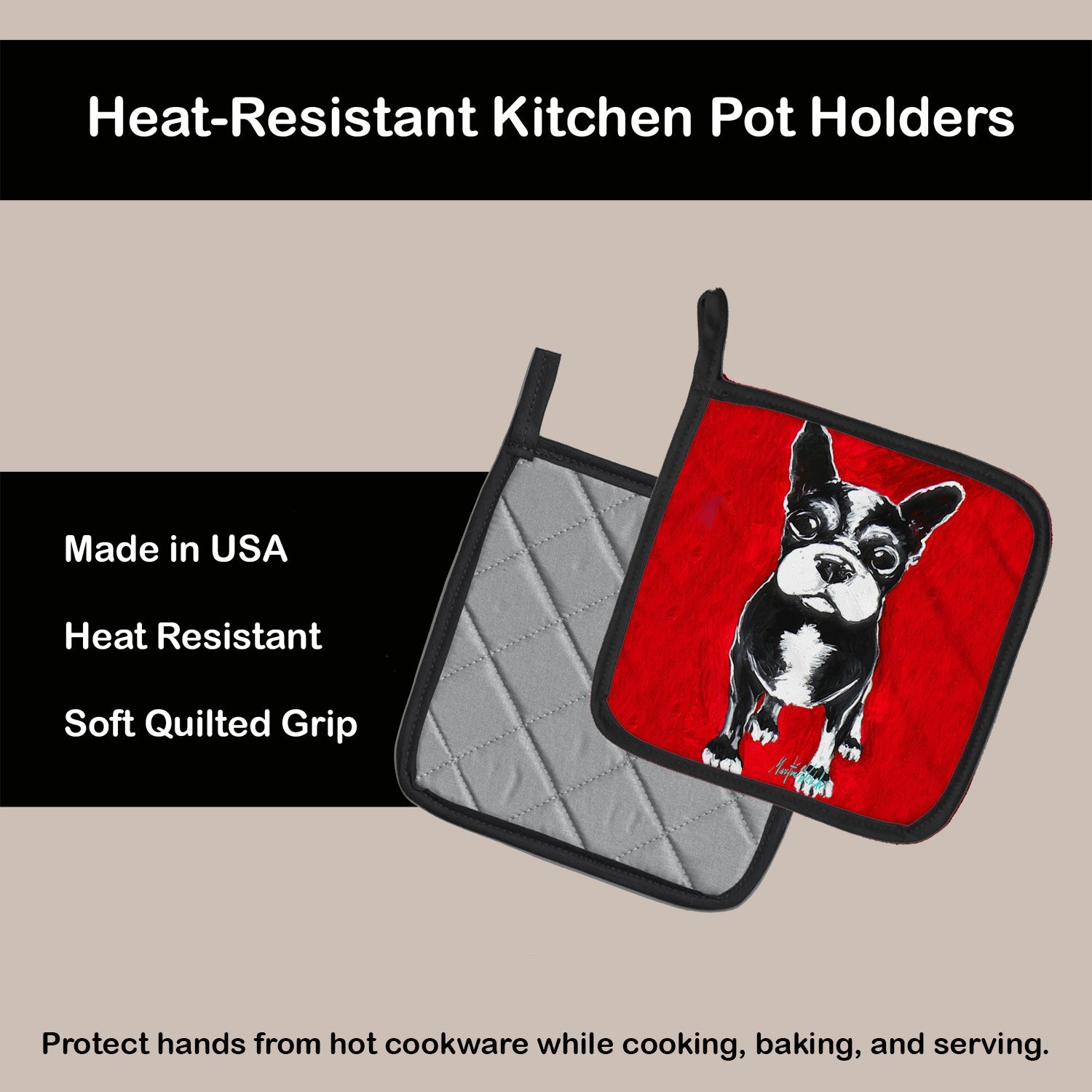 Boston Terrier Runt Pot Holder Set of 2 Heat Resistant Quilted Hot Pads 7.5 x 7.5 Inch, Insulated Kitchen Trivets for Cooking & Baking