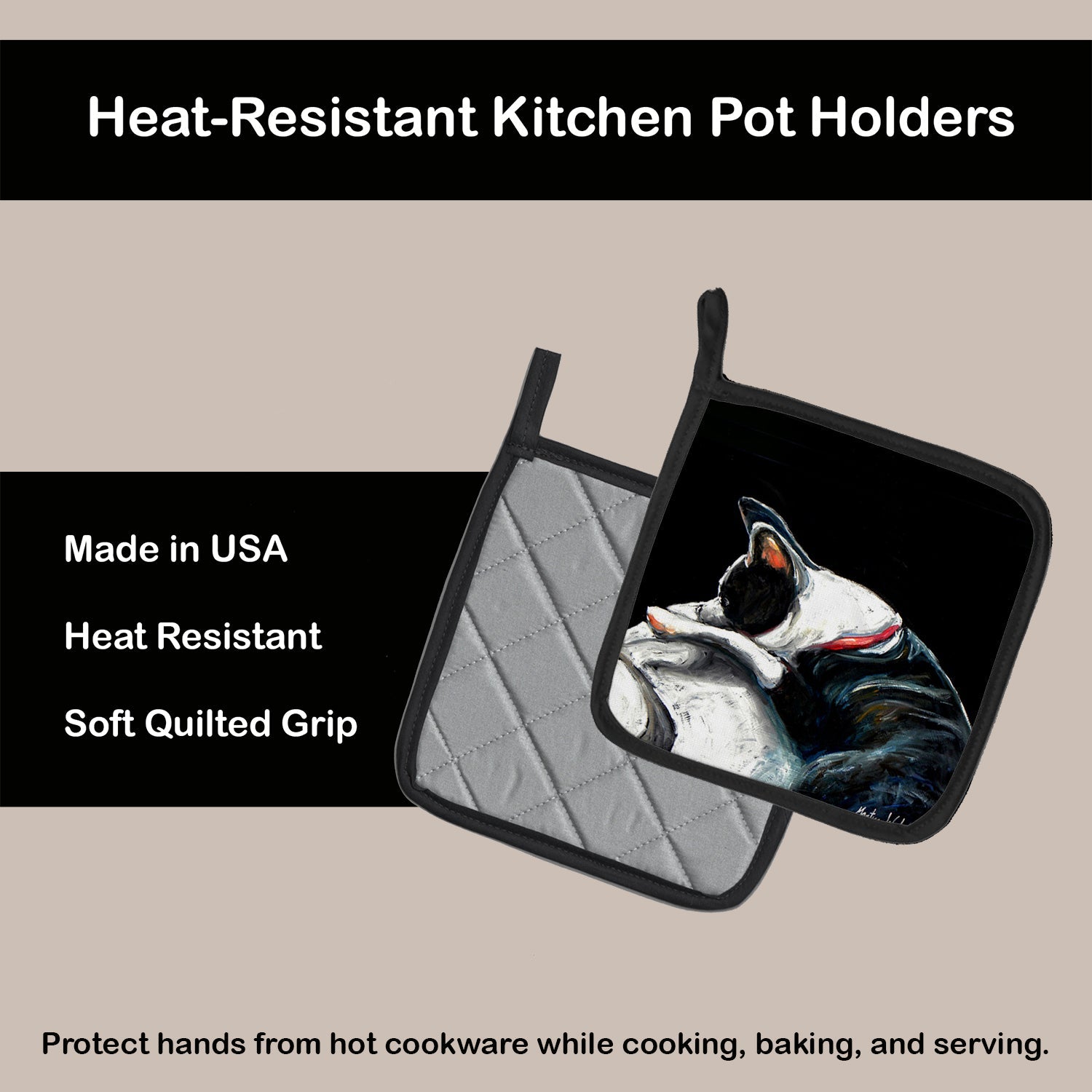 Boston Terrier Spot in the Sun Pot Holder Set of 2 Heat Resistant Quilted Hot Pads 7.5 x 7.5 Inch, Insulated Kitchen Trivets for Cooking & Baking