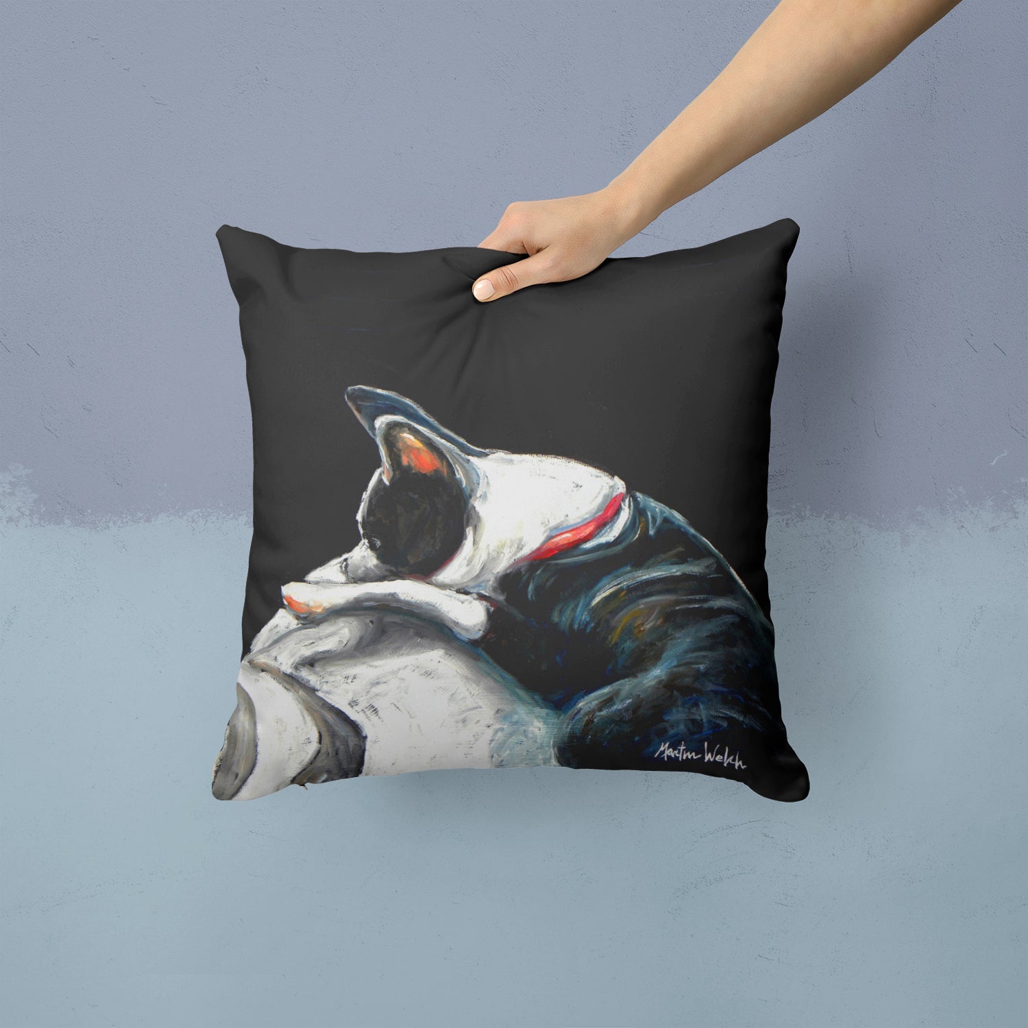 Boston Terrier Spot in the Sun Decorative Throw Pillow 14x14 Indoor Outdoor Accent Cushion, Fabric Cover with Insert for Sofa, Bed, Porch & Living Room