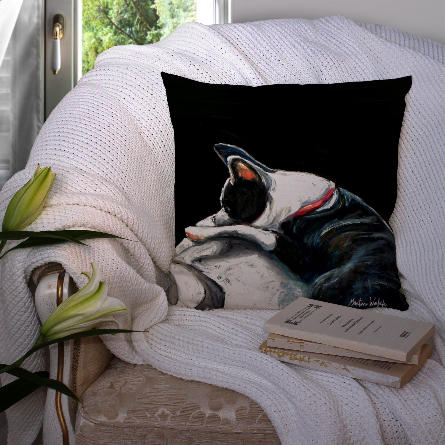 Boston Terrier Spot in the Sun Decorative Throw Pillow 14x14 Indoor Outdoor Accent Cushion, Fabric Cover with Insert for Sofa, Bed, Porch & Living Room