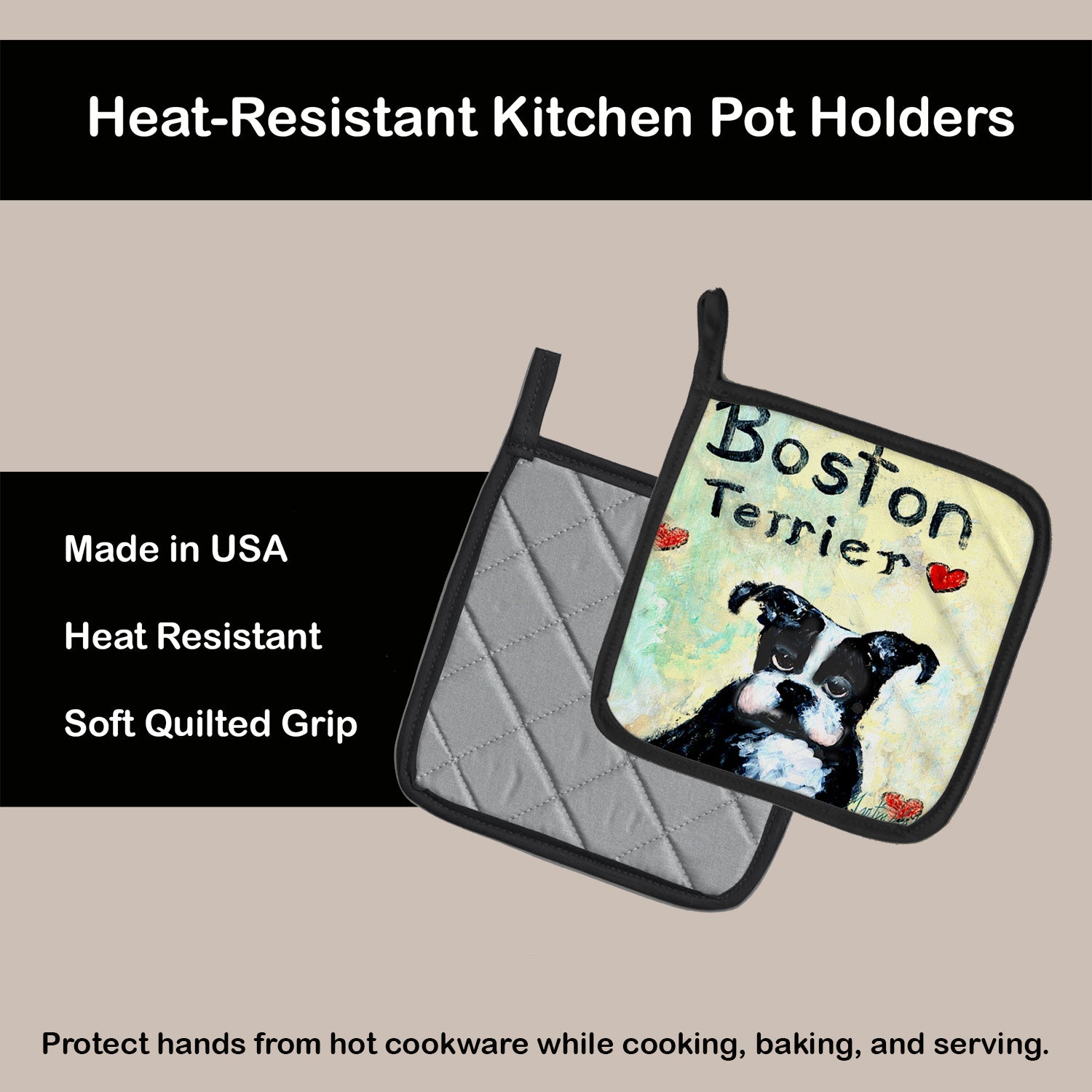 Boston Terrier Where's my Bibb Pot Holder Set of 2 Heat Resistant Quilted Hot Pads 7.5 x 7.5 Inch, Insulated Kitchen Trivets for Cooking & Baking