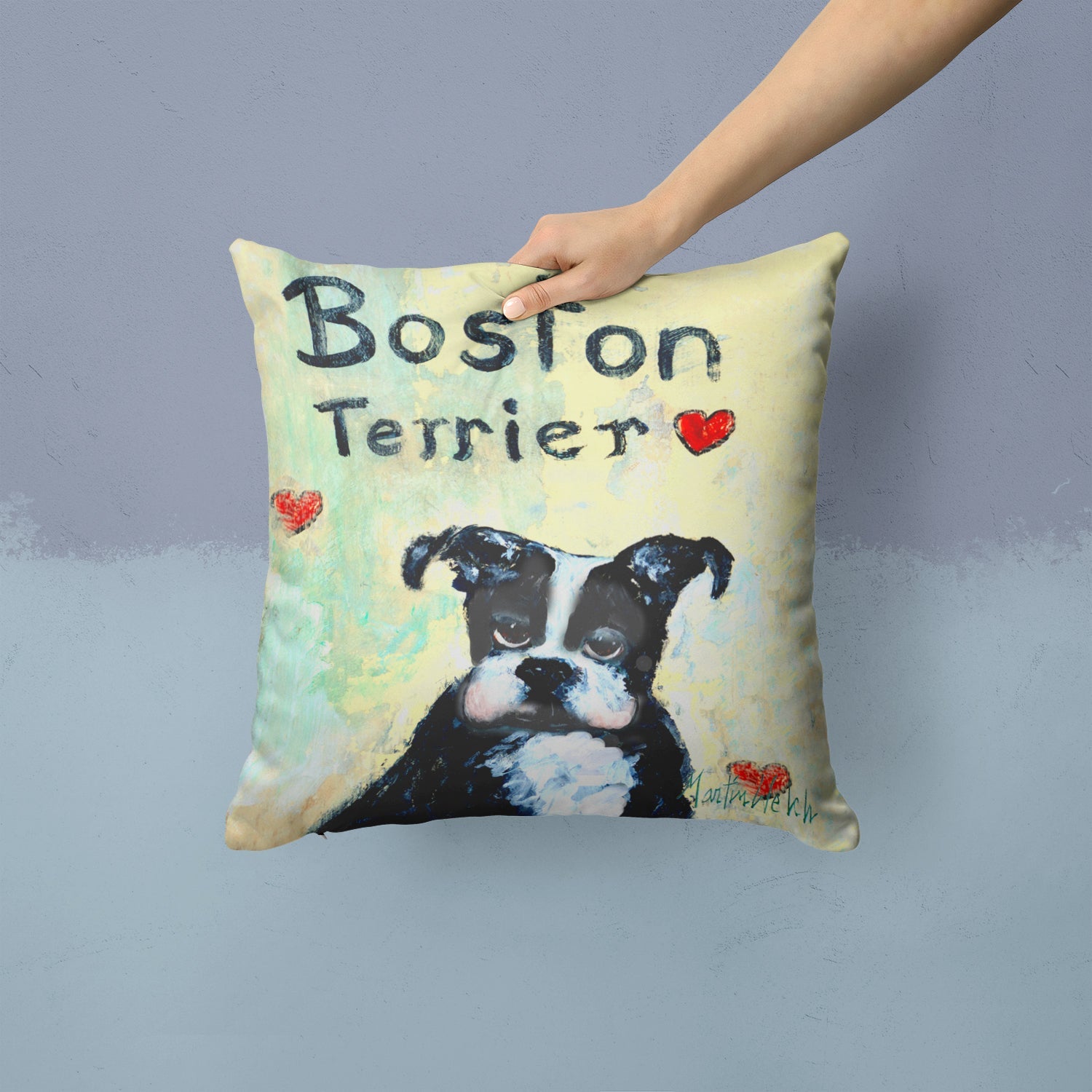 Boston Terrier Where's my Bibb Decorative Throw Pillow 14x14 Indoor Outdoor Accent Cushion, Fabric Cover with Insert for Sofa, Bed, Porch & Living Room