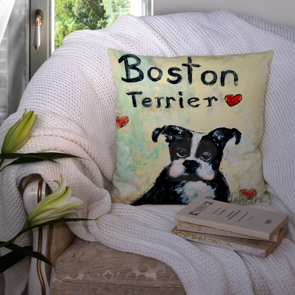 Boston Terrier Where's my Bibb Decorative Throw Pillow 14x14 Indoor Outdoor Accent Cushion, Fabric Cover with Insert for Sofa, Bed, Porch & Living Room