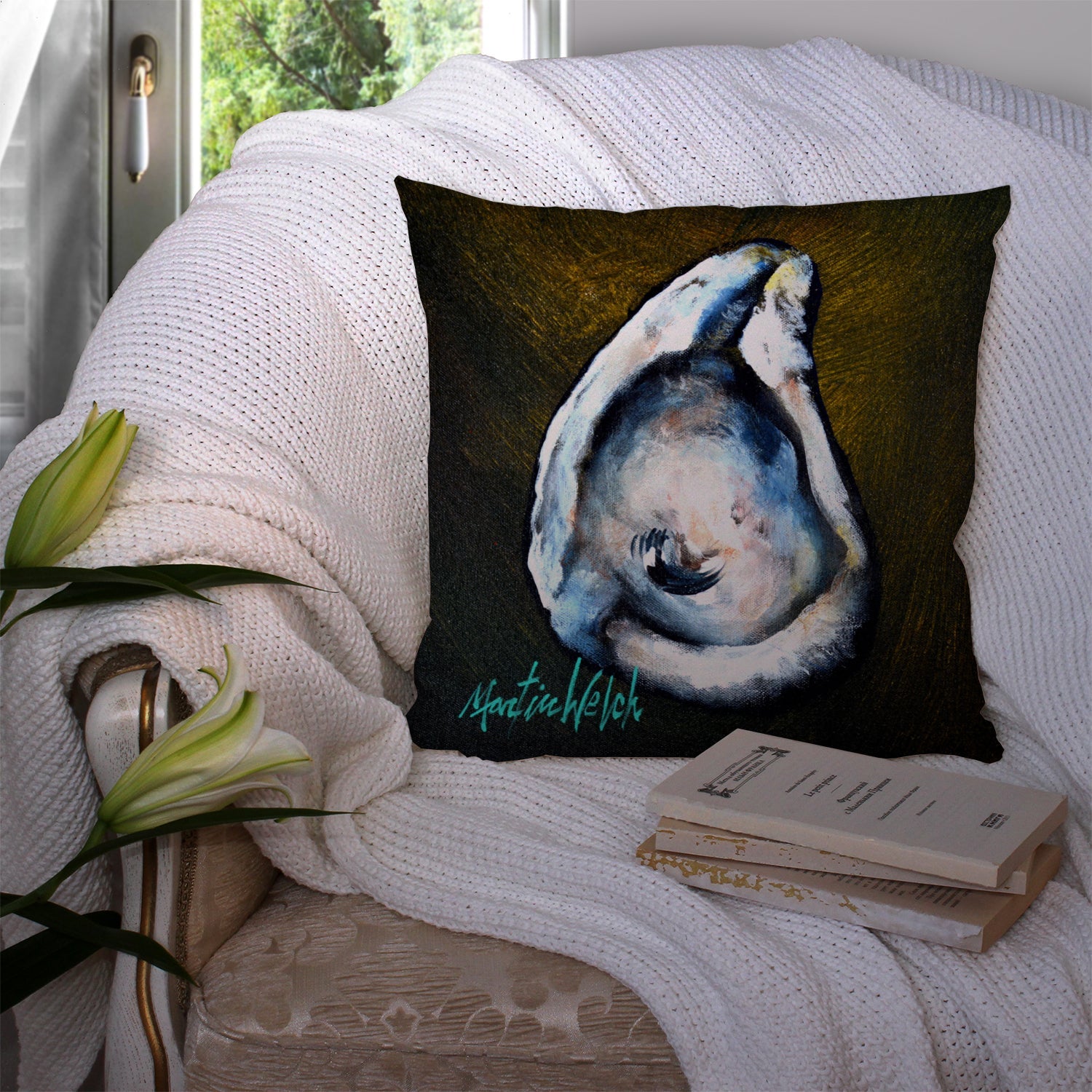 Brown Eye Oyster Decorative Throw Pillow 14x14 Indoor Outdoor Accent Cushion, Fabric Cover with Insert for Sofa, Bed, Porch & Living Room
