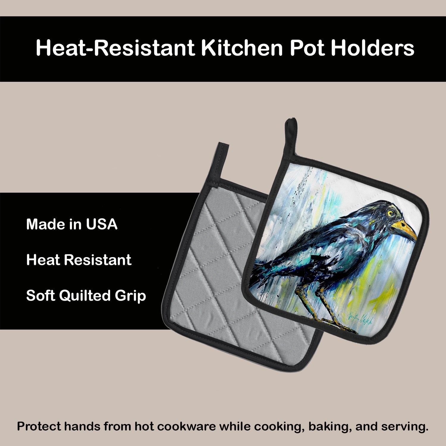 Burnt Corn Raven Pot Holder Set of 2 Heat Resistant Quilted Hot Pads 7.5 x 7.5 Inch, Insulated Kitchen Trivets for Cooking & Baking