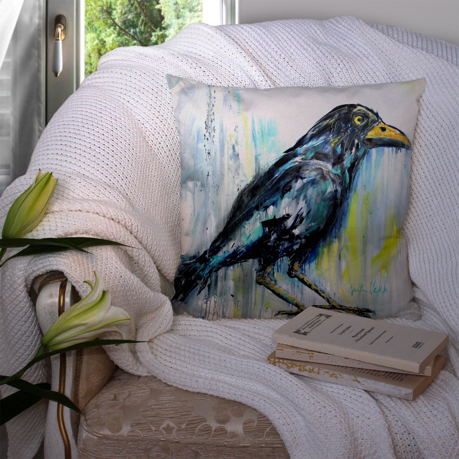 Burnt Corn Raven Decorative Throw Pillow 14x14 Indoor Outdoor Accent Cushion, Fabric Cover with Insert for Sofa, Bed, Porch & Living Room
