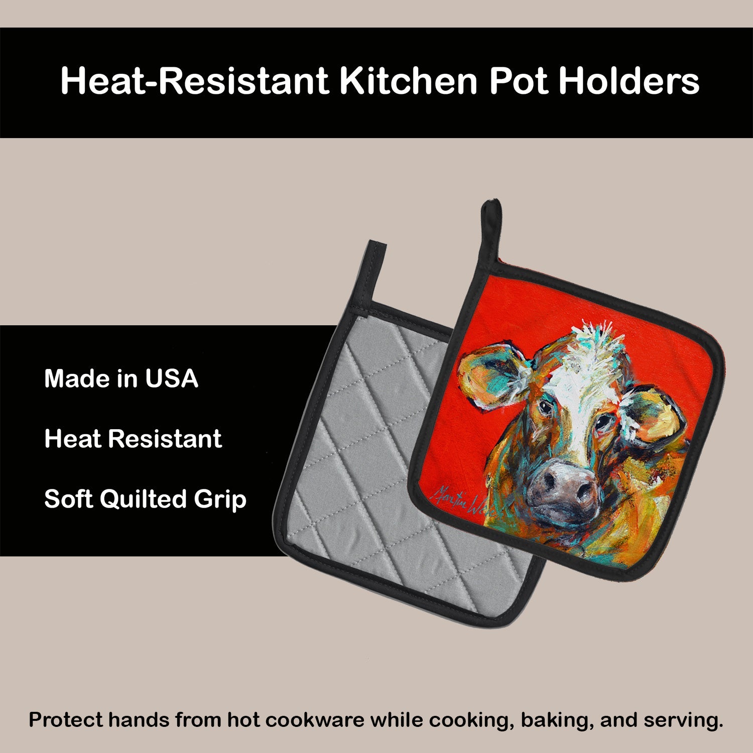 Cow Caught Red Handed Too Pot Holder Set of 2 Heat Resistant Quilted Hot Pads 7.5 x 7.5 Inch, Insulated Kitchen Trivets for Cooking & Baking