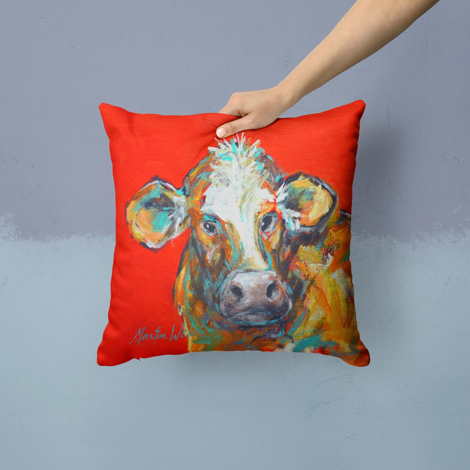 Cow Caught Red Handed Too Decorative Throw Pillow 14x14 Indoor Outdoor Accent Cushion, Fabric Cover with Insert for Sofa, Bed, Porch & Living Room