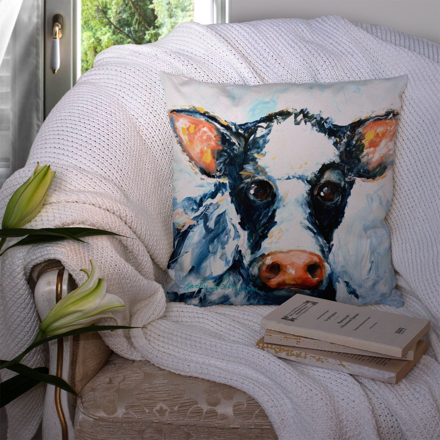 Cow Lick Decorative Throw Pillow 14x14 Indoor Outdoor Accent Cushion, Fabric Cover with Insert for Sofa, Bed, Porch & Living Room