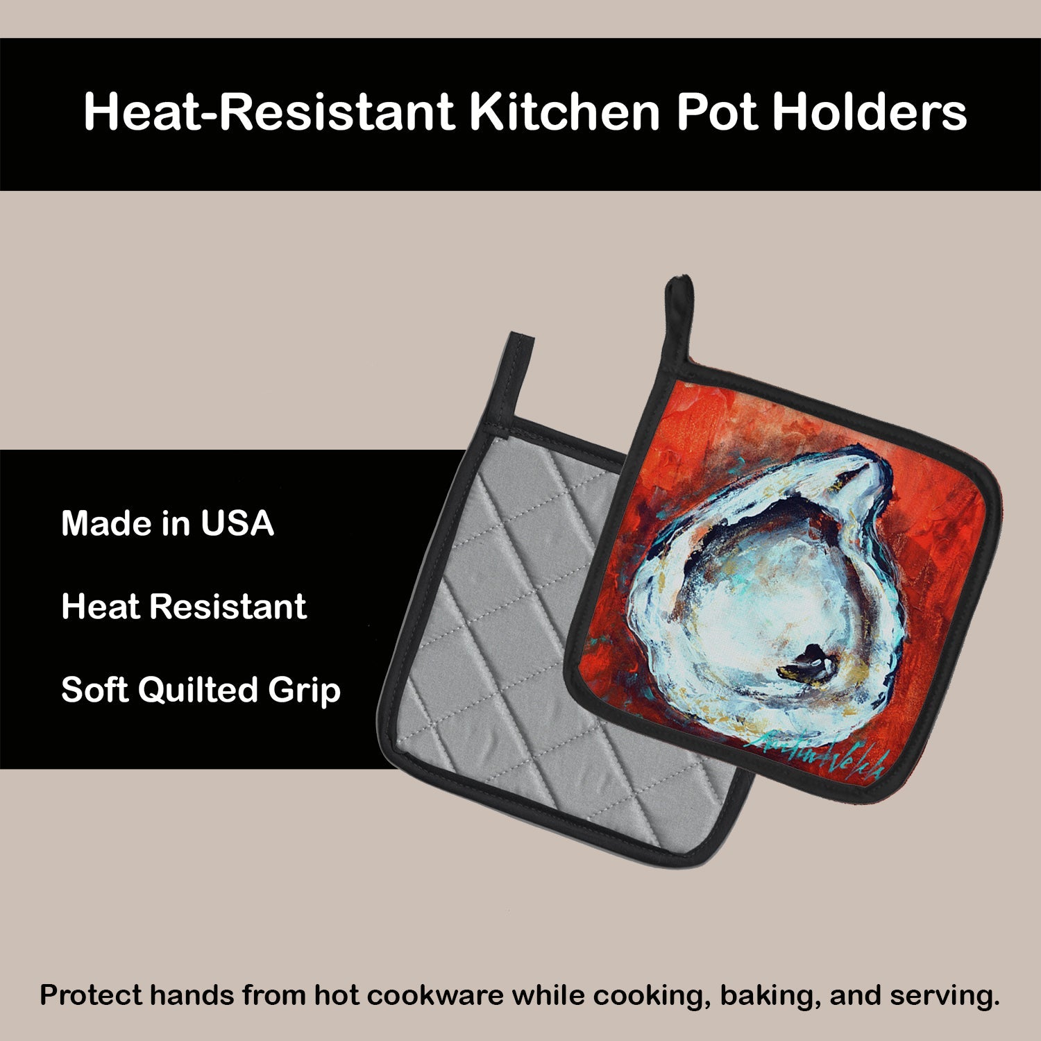 Char Broiled Oyster Pot Holder Set of 2 Heat Resistant Quilted Hot Pads 7.5 x 7.5 Inch, Insulated Kitchen Trivets for Cooking & Baking