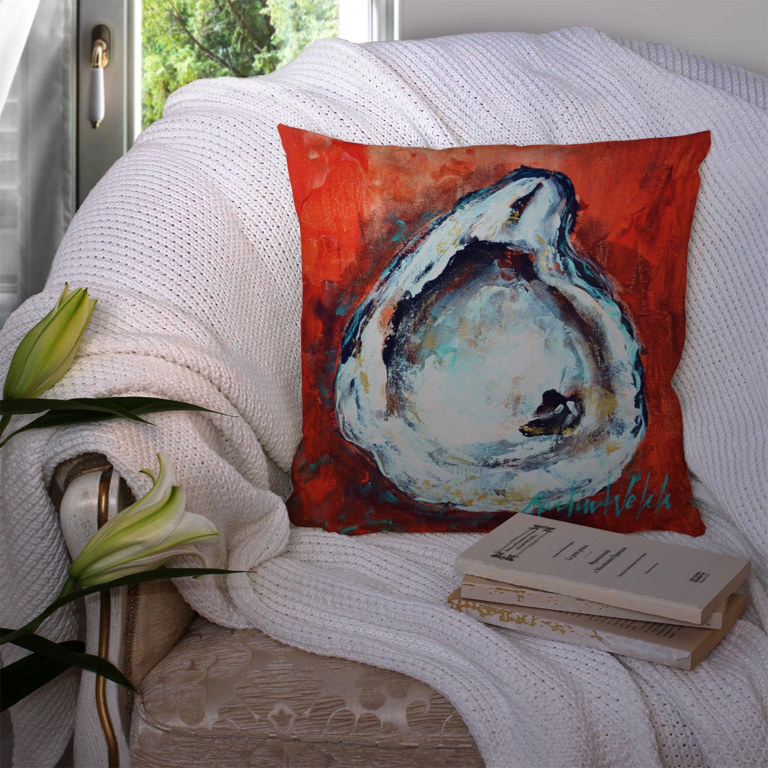 Char Broiled Oyster Decorative Throw Pillow 14x14 Indoor Outdoor Accent Cushion, Fabric Cover with Insert for Sofa, Bed, Porch & Living Room